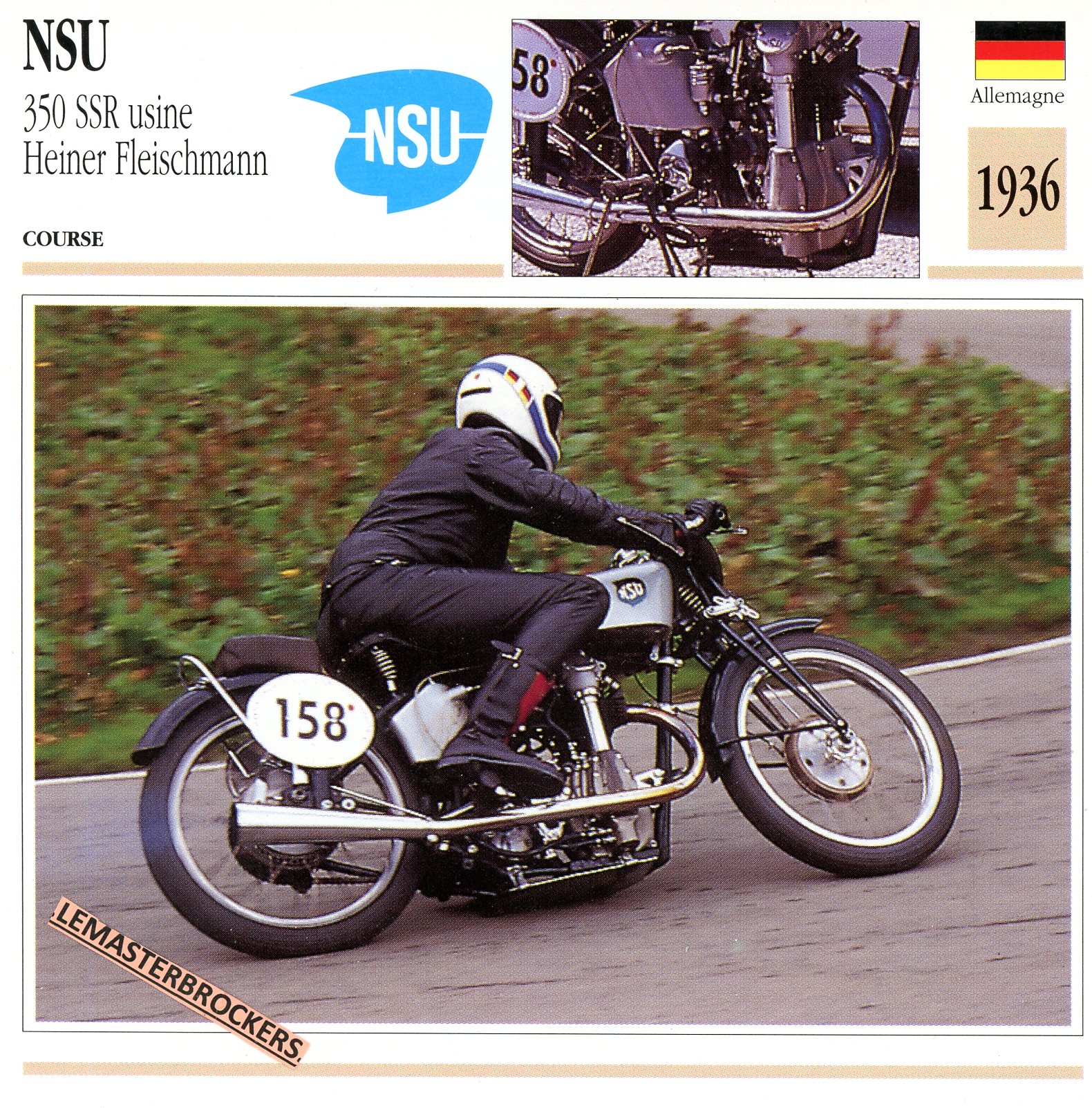 NSU-350SSR-HEINER-FLEISCHMANN-1936 -FICHE-MOTO-ATLAS-lemasterbrockers-CARD-MOTORCYCLE