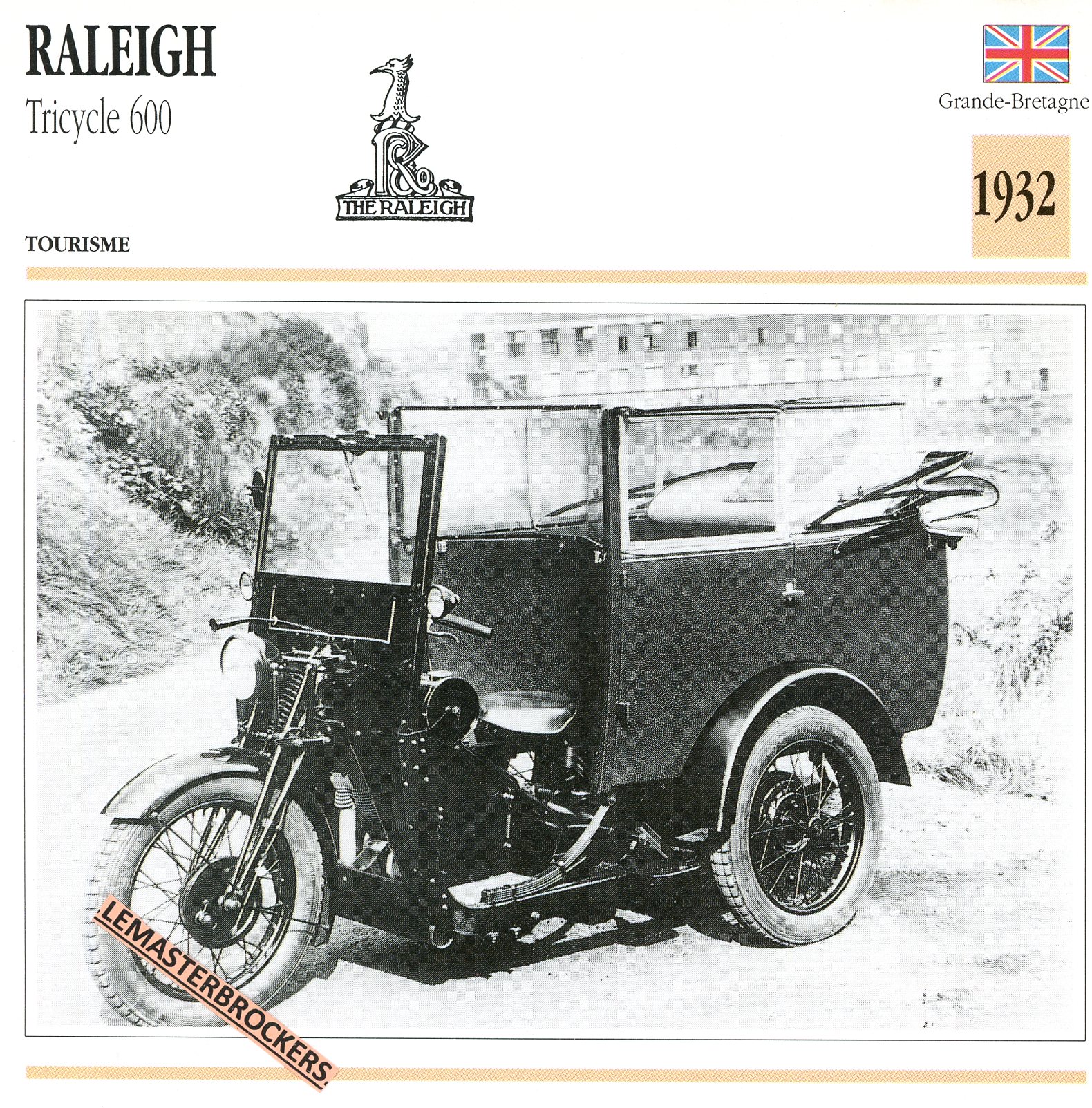 RALEIGH-600-TRICYCLE-1932-FICHE-MOTO-ATLAS-lemasterbrockers-CARD-MOTORCYCLE