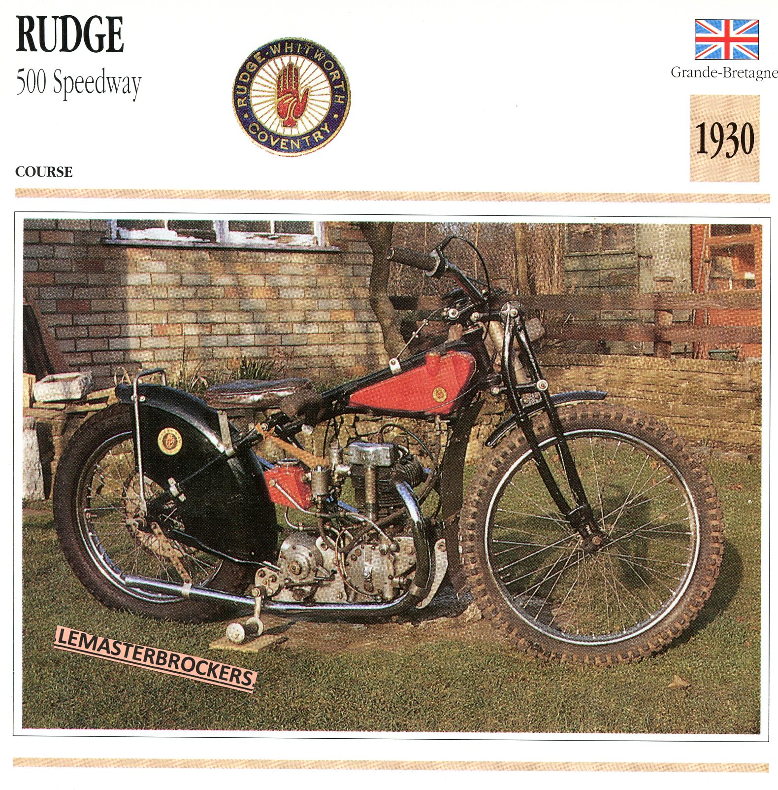 RUDGE-500-SPEEDWAY-1930-FICHE-MOTO-LEMASTERBROCKERS-CARD-MOTORCYCLE
