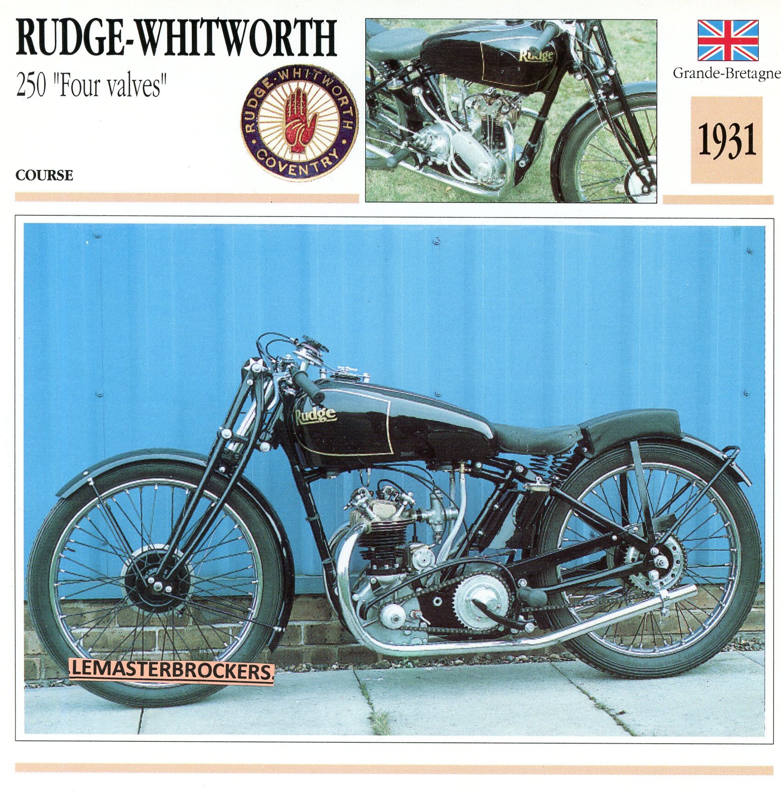 RUDGE-WHITWORTH-250-FOUR-VALVES-1931-FICHE-MOTO-LEMASTERBROCKERS-CARD-MOTORCYCLE
