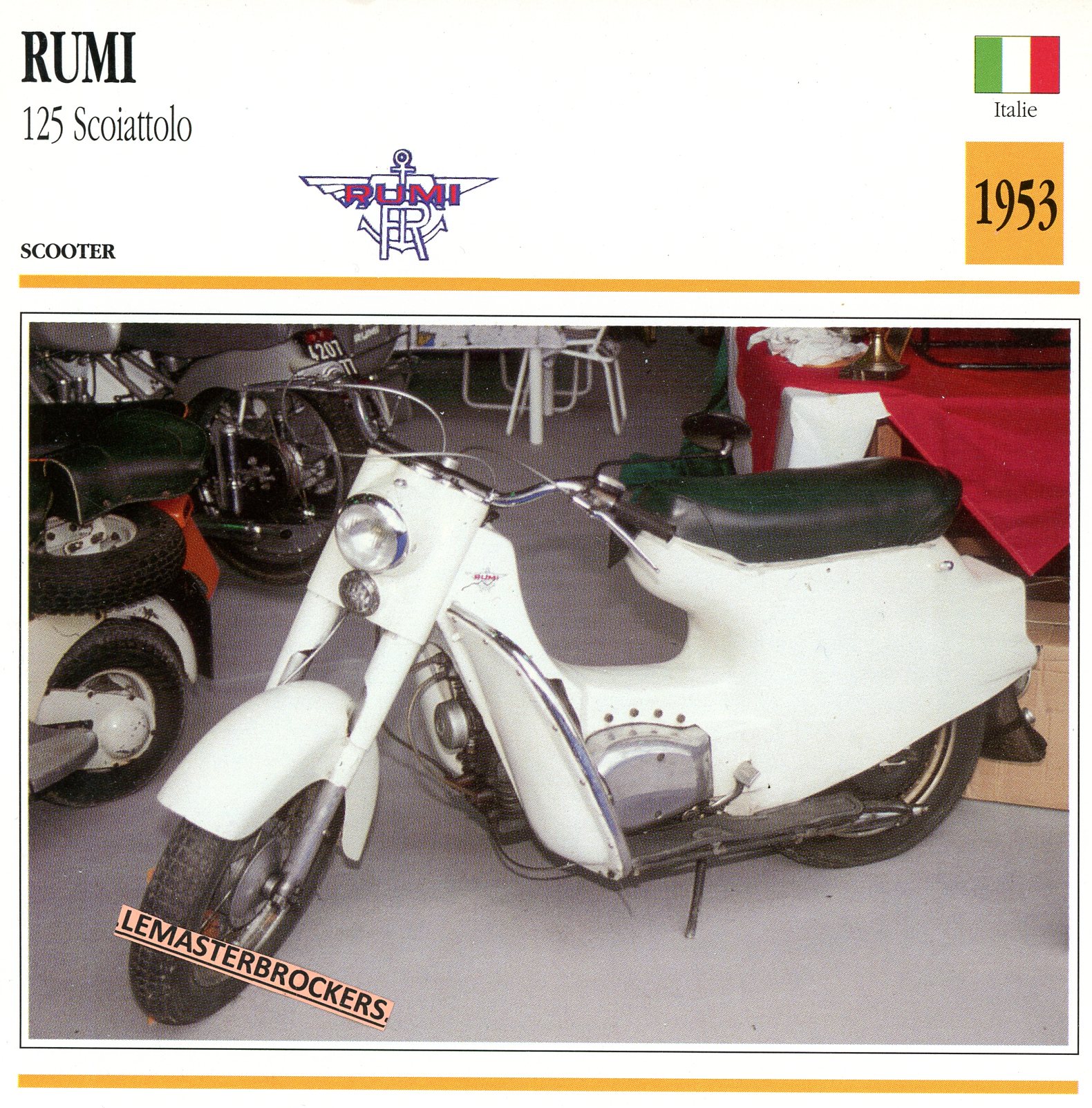 RUMI-125-SCOIATTOLO-1953-FICHE-SCOOTER-LEMASTERBROCKERS-CARD-MOTORCYCLE