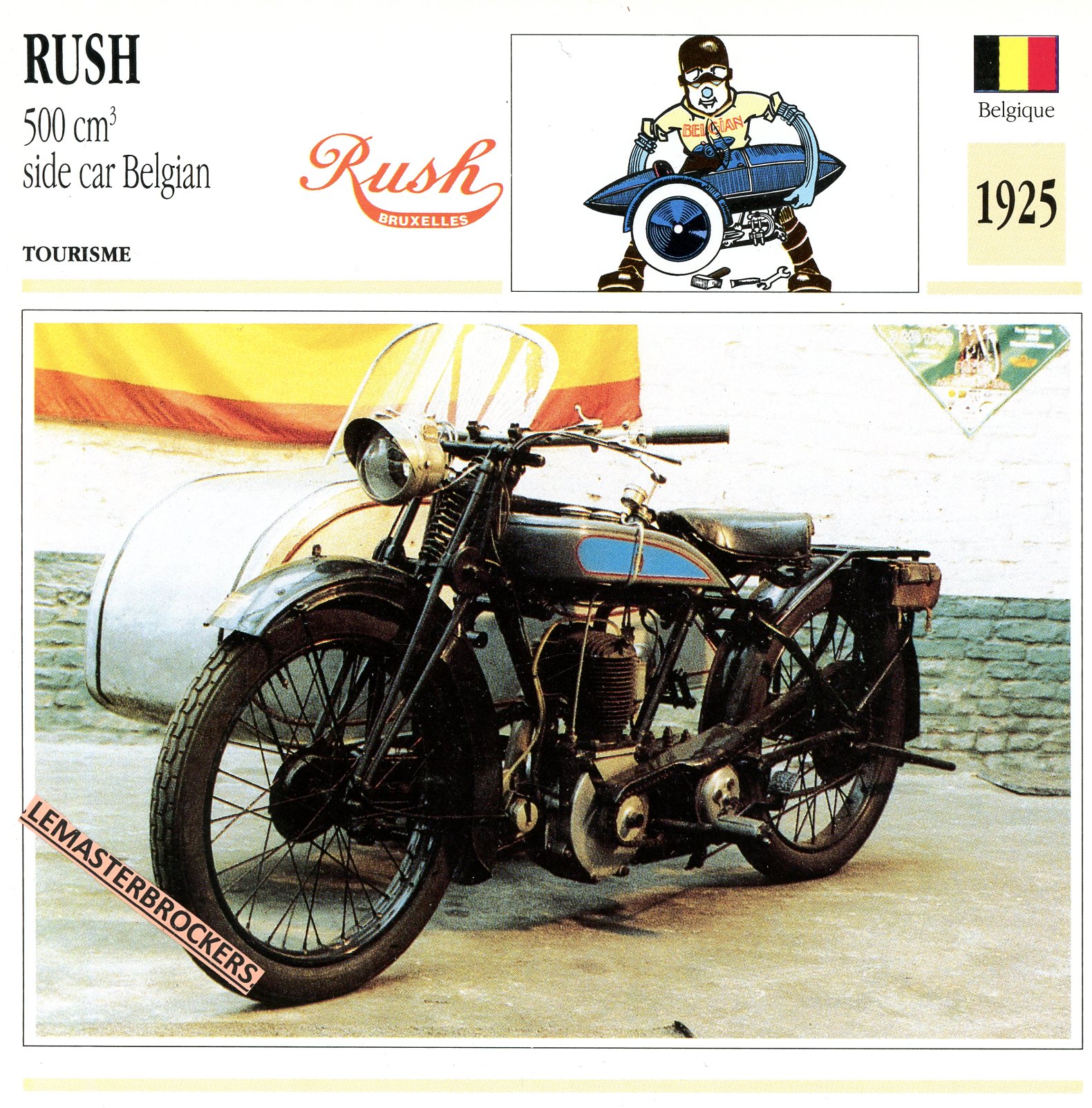 RUSH-500-SIDE-CAR-BELGIAN-1925-FICHE-MOTO-LEMASTERBROCKERS-CARD-MOTORCYCLE