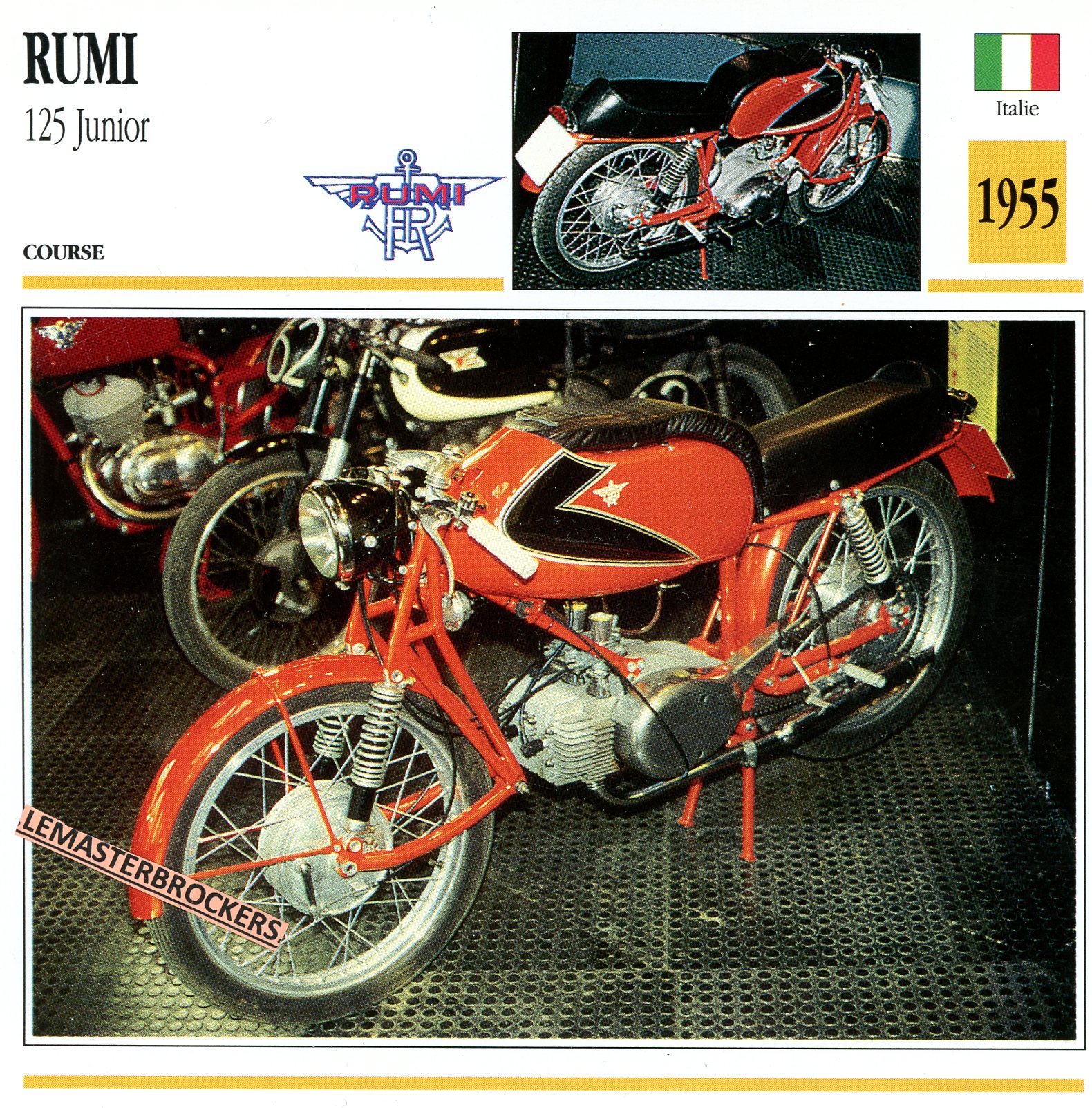 RUMI-125-JUNIOR-1955-FICHE-MOTO-LEMASTERBROCKERS-CARD-MOTORCYCLE