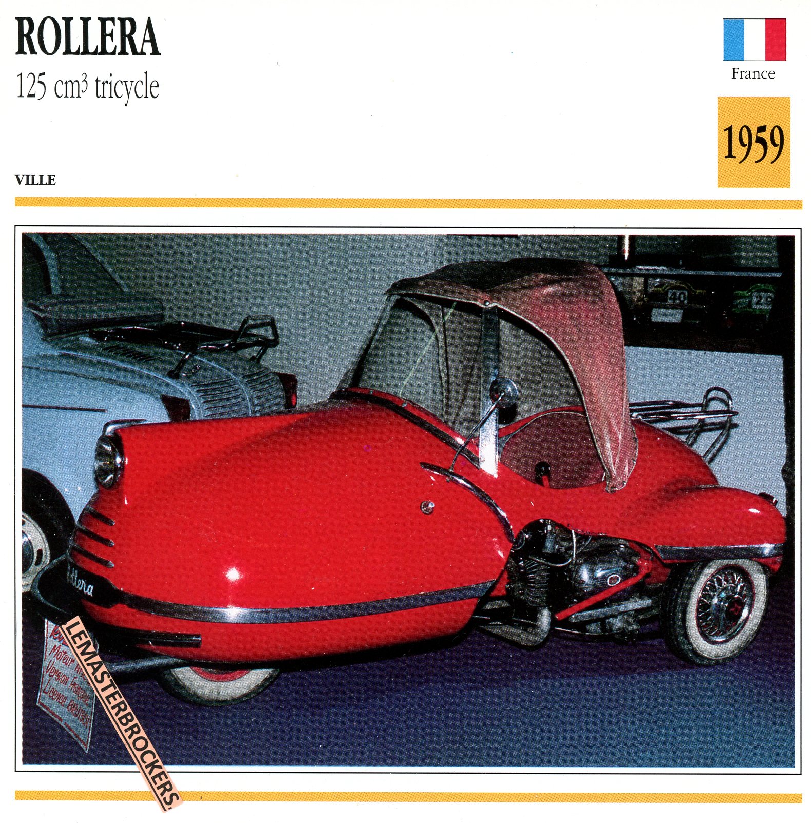 ROLLERA-125-TRICYCLE-1959-LEMASTERBROCKERS-CARD-CARS-FICHE-MICROCAR-VOITURETTE-VINTAGE