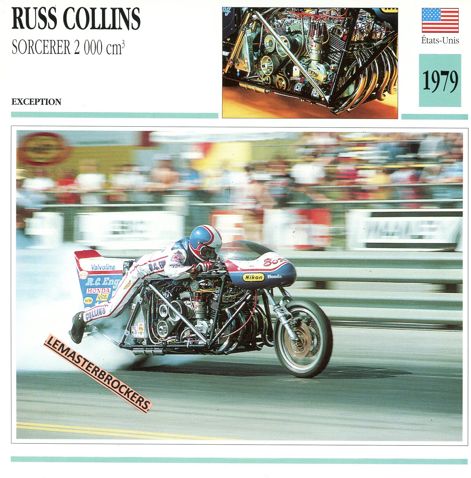 RUSS-COLLINS-SORCERER-2000CC-1979-FICHE-MOTO-LEMASTERBROCKERS-CARD-MOTORCYCLE