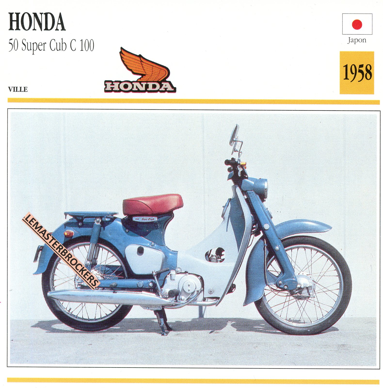 FICHE-MOTO-HONDA-50-SUPER-CUB-C100-1958-LEMASTERBROCKERS-CARS-MOTORCYCLE