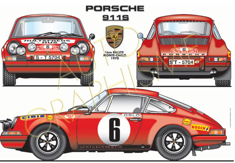 POSTER PORSCHE 911S VAINQUEUR DU RALLYE MONTE-CARLO 1970 - ART DÉCO IMPRESSIONON