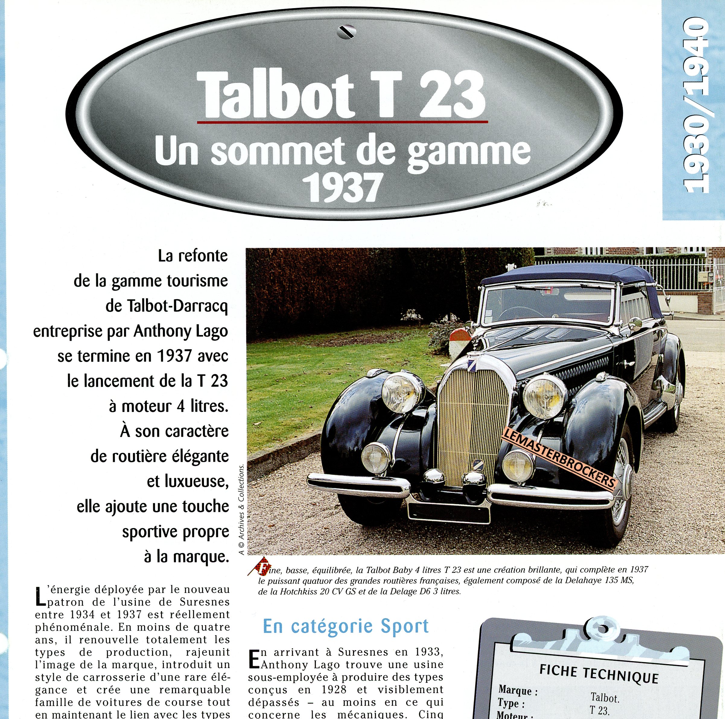 FICHE TECHNIQUE  TALBOT T23 1937 - FICHE AUTO