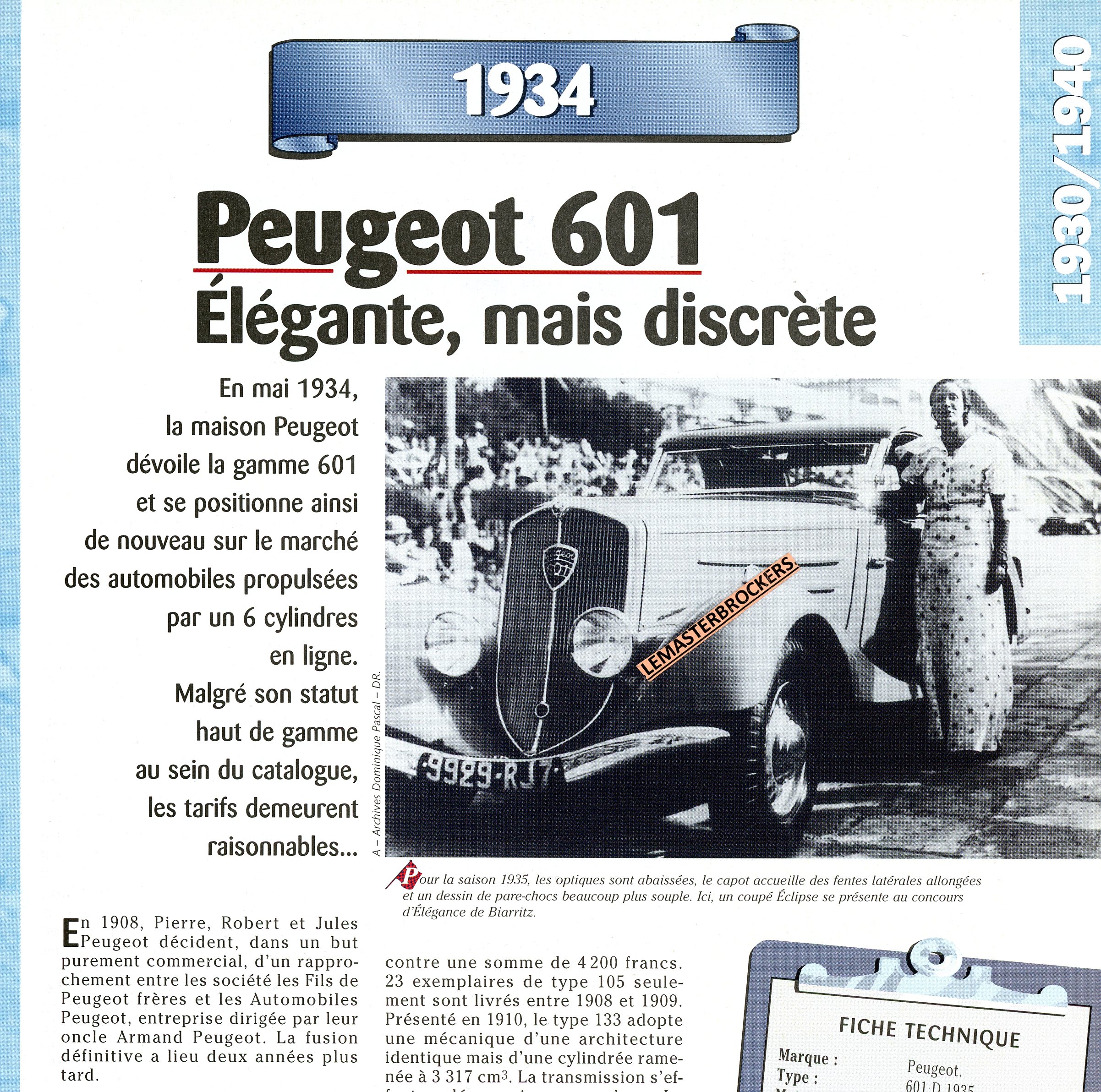 FICHE TECHNIQUE PEUGEOT 601 1934 - FICHE AUTO