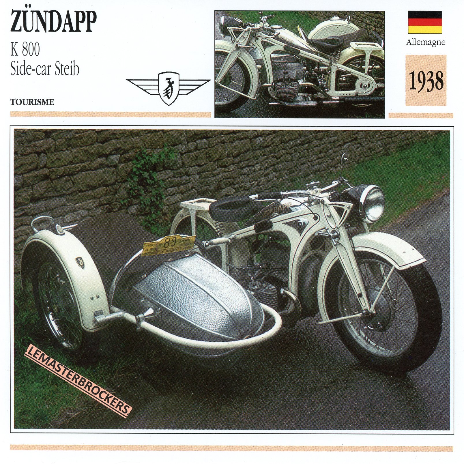 ZÜNDAPP K800 SIDE-CAR STEIB 1938 - FICHE MOTO ZUNDAPP K