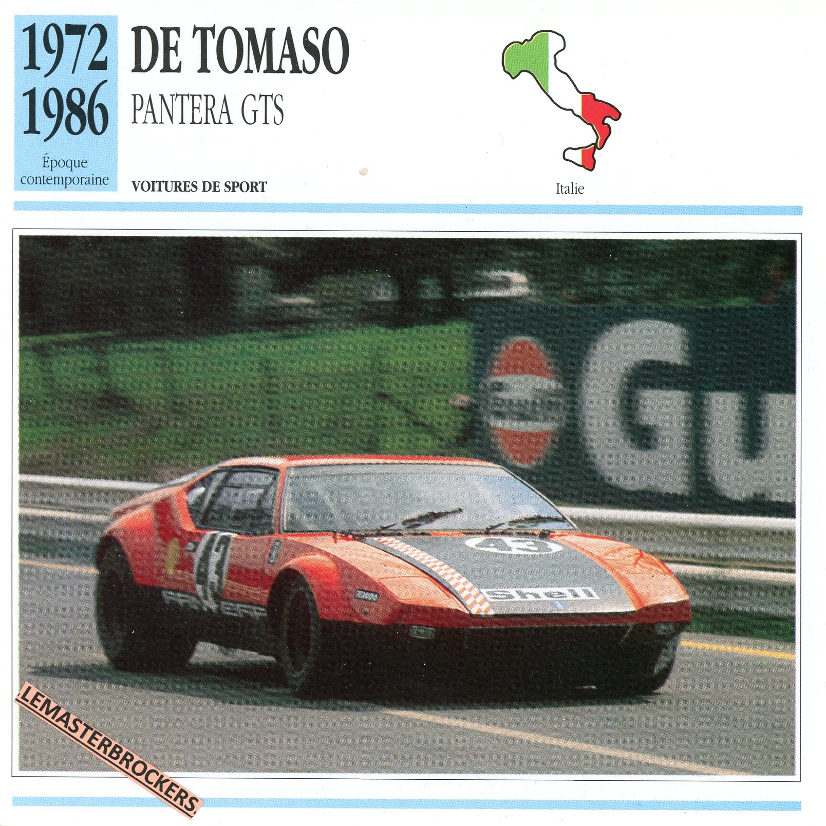 DE-TOMASO-PANTERA-1972-1986-FICHE-AUTO-LEMASTERBROCKERS-CARD-CARS