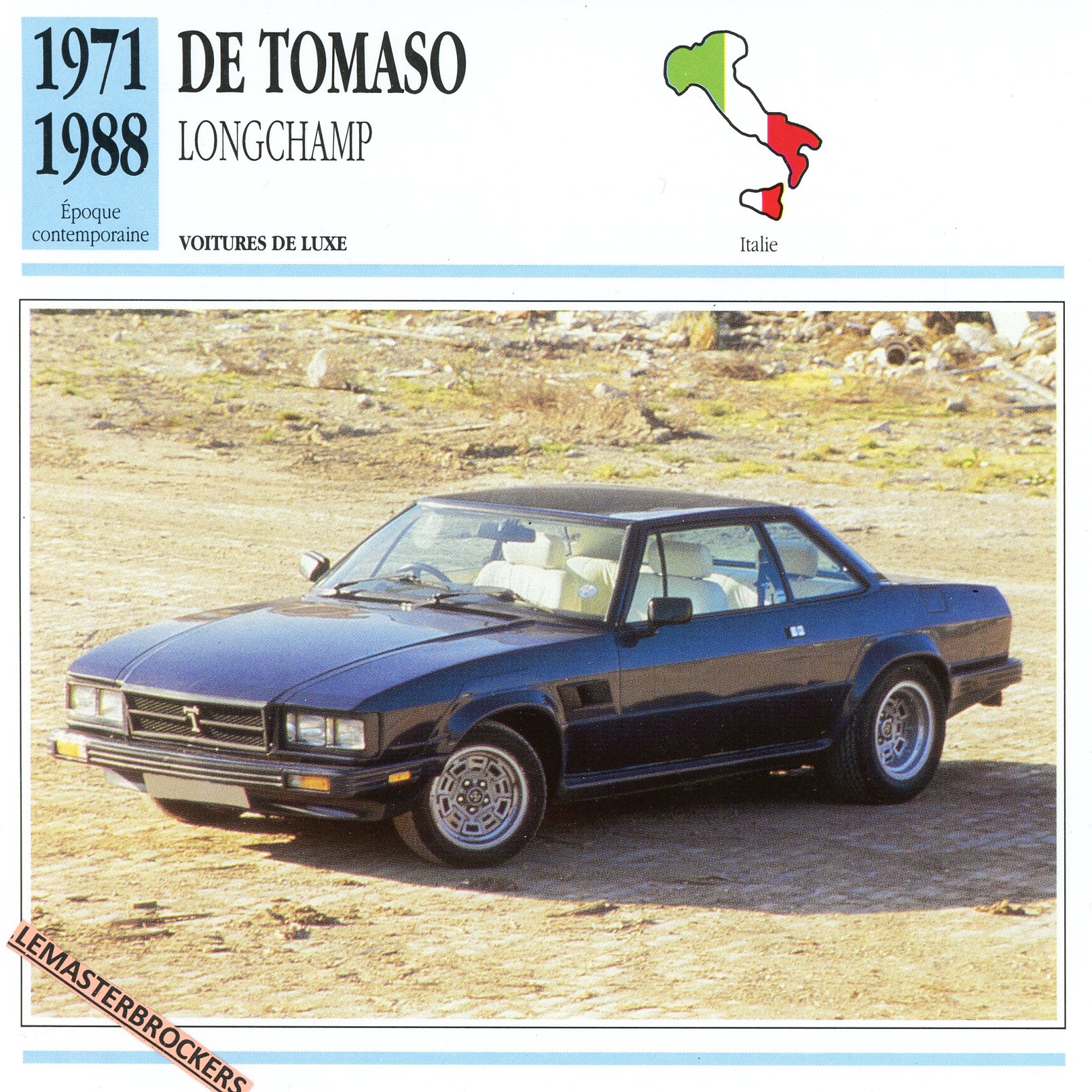 DE-TOMASO-LONGCHAMP-1971-1988-FICHE-AUTO-LEMASTERBROCKERS-CARD-CARS
