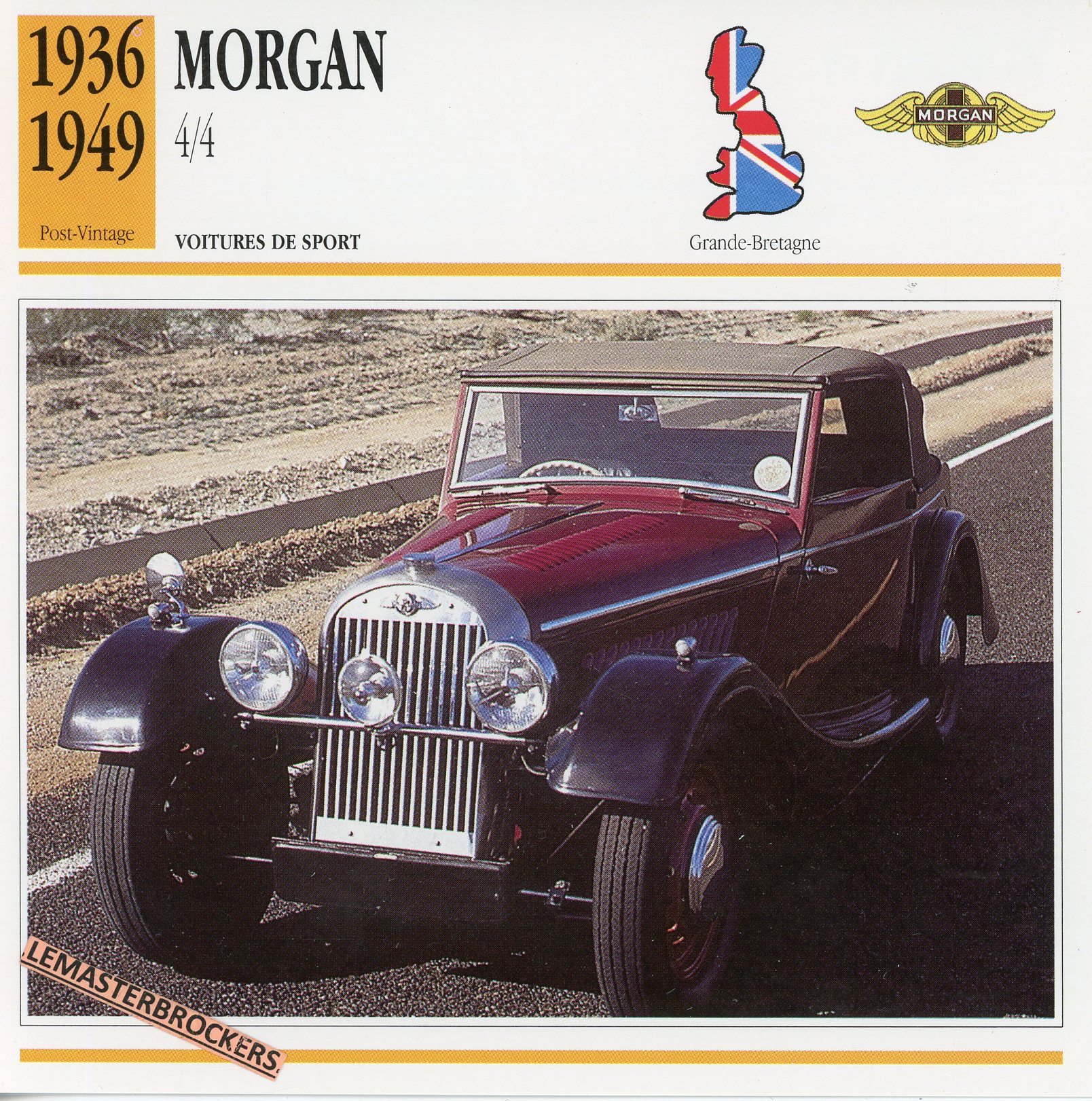 FICHE-MORGAN-4-4-1936-1944-LEMASTERBROCKERS-FICHE-AUTO-CARS-CARD-ATLAS-FRENCH