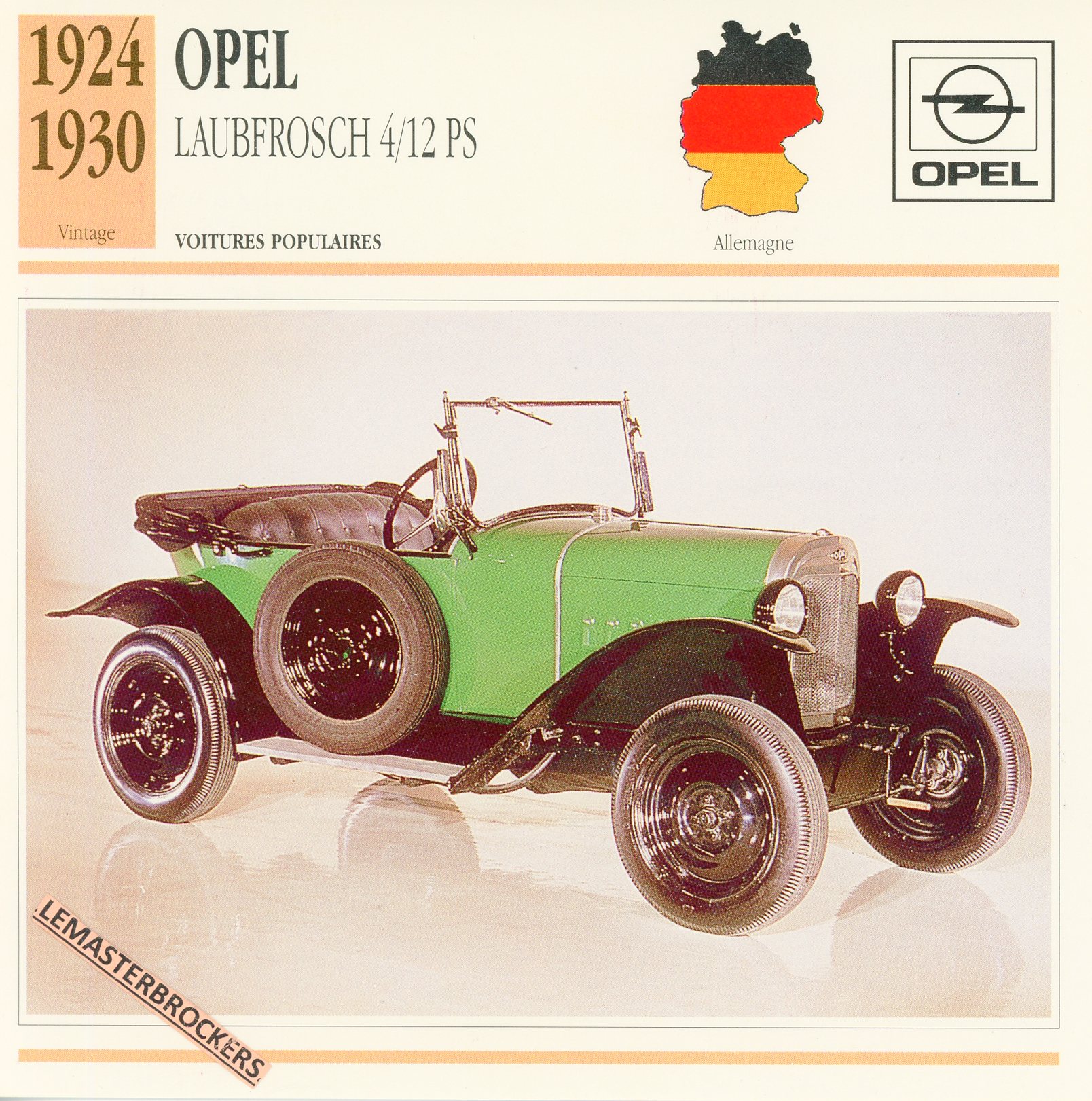 FICHE-OPEL-LAUBFROSCH-412-PS-LEMASTERBROCKERS-FICHE-AUTO-CARS-CARD-ATLAS-FRENCH
