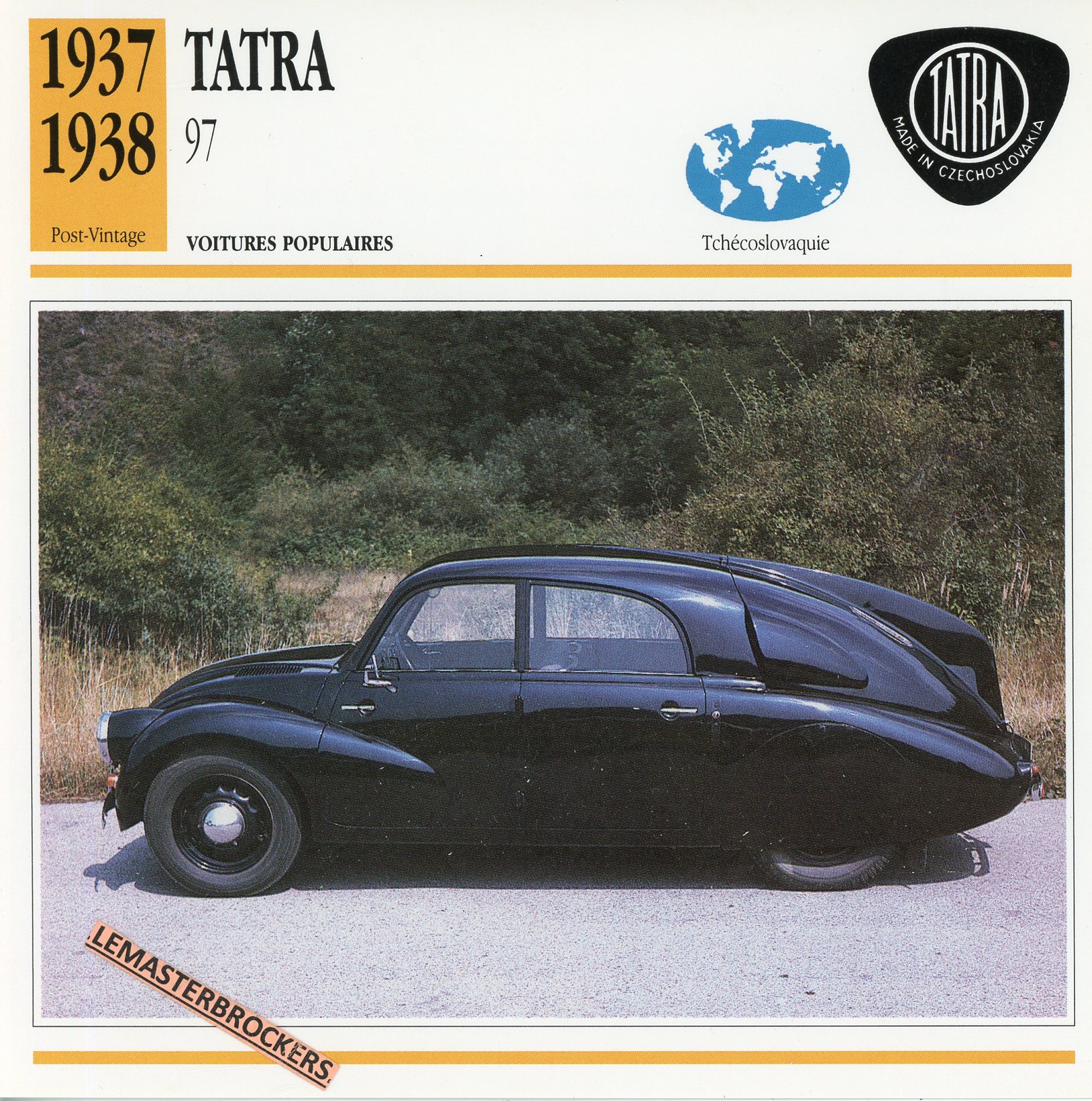 TATRA-97-1937-1938-LEMASTERBROCKERS-FICHE-AUTO-CARS-CARD-ATLAS