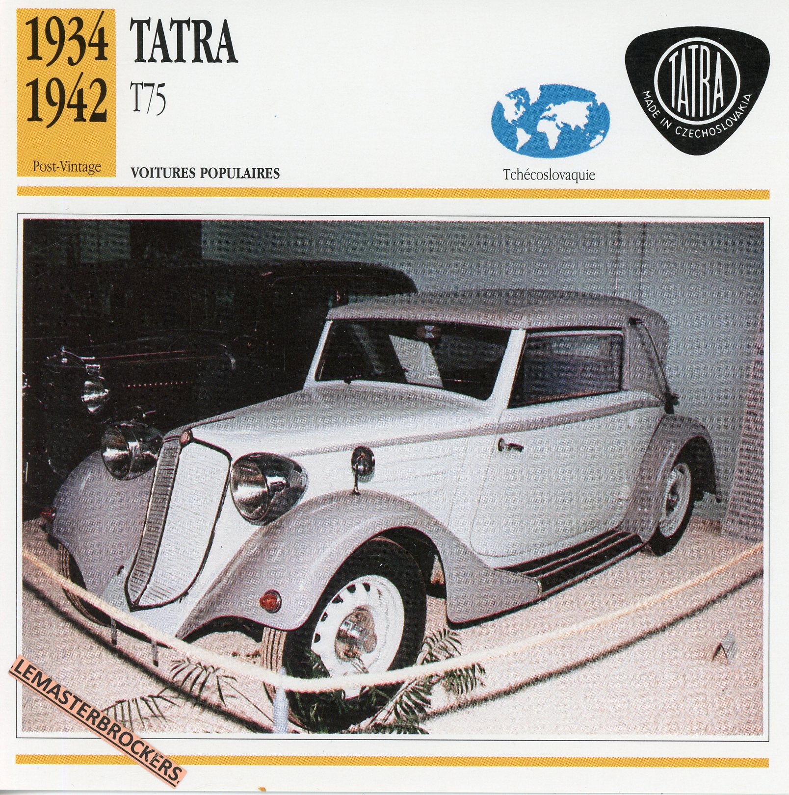 TATRA-T75-1934-LEMASTERBROCKERS-FICHE-AUTO-CARS-CARD-ATLAS