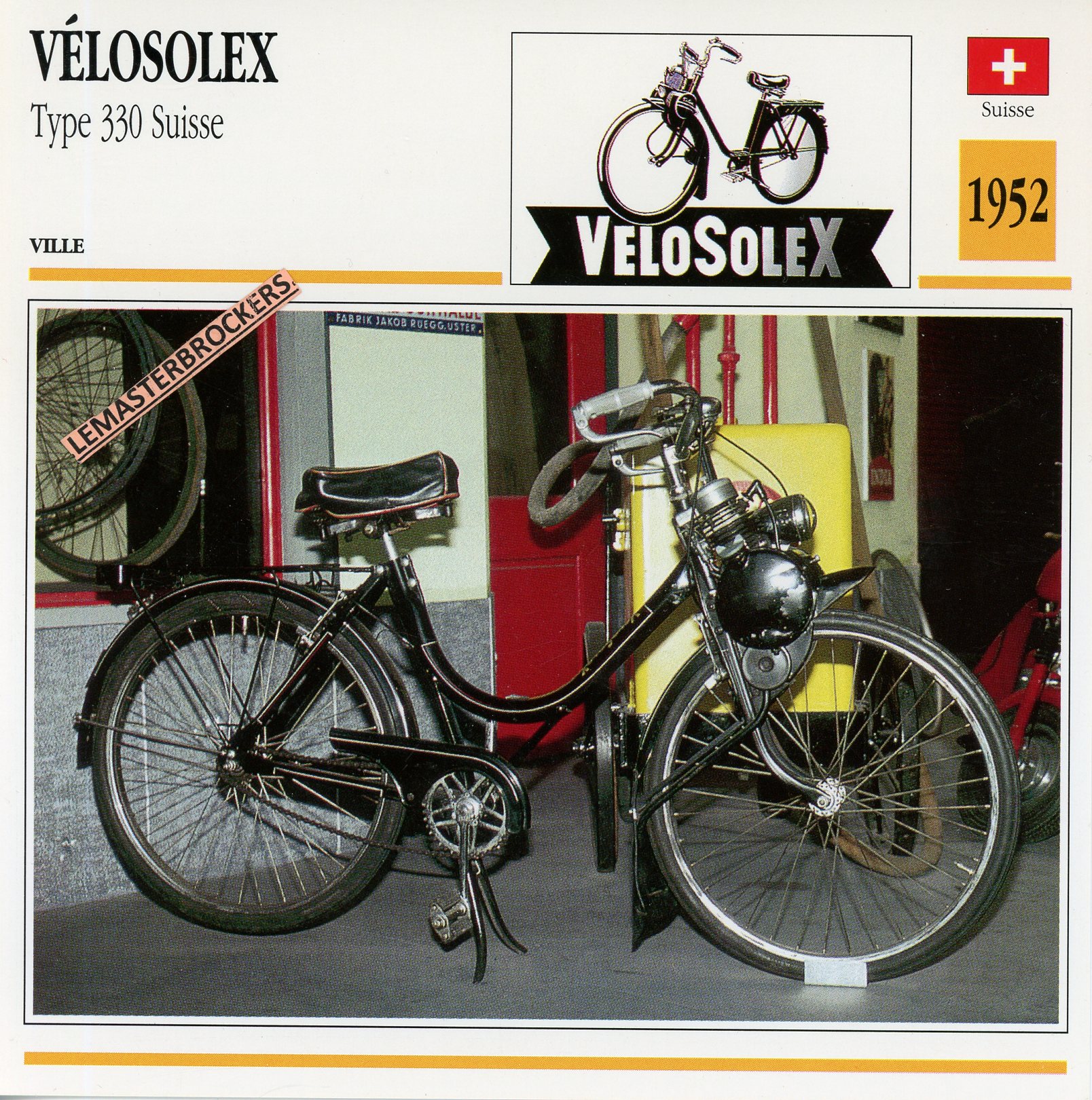 VÉLOSOLEX 330 SUISSE 1952 - CARTE CARD FICHE CYCLOMOTEUR 49CC SOLEX VÉLOMOTEUR