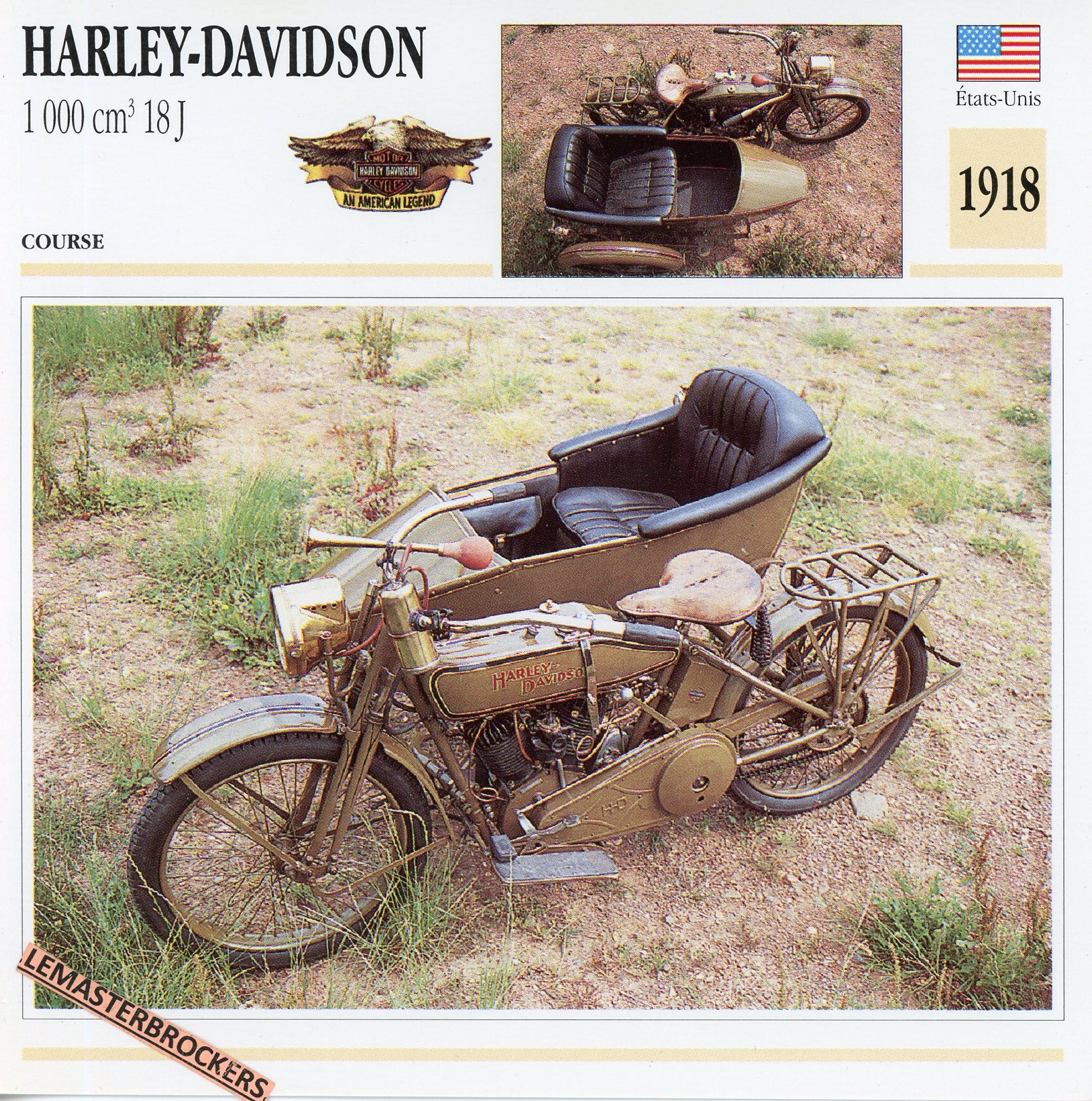 HARLEY-DAVIDSON-1000CC-18J-1918-LEMASTERBROCKERS-FICHE-MOTO-ATLAS-SIDE-CAR-COLLECTION-CARD
