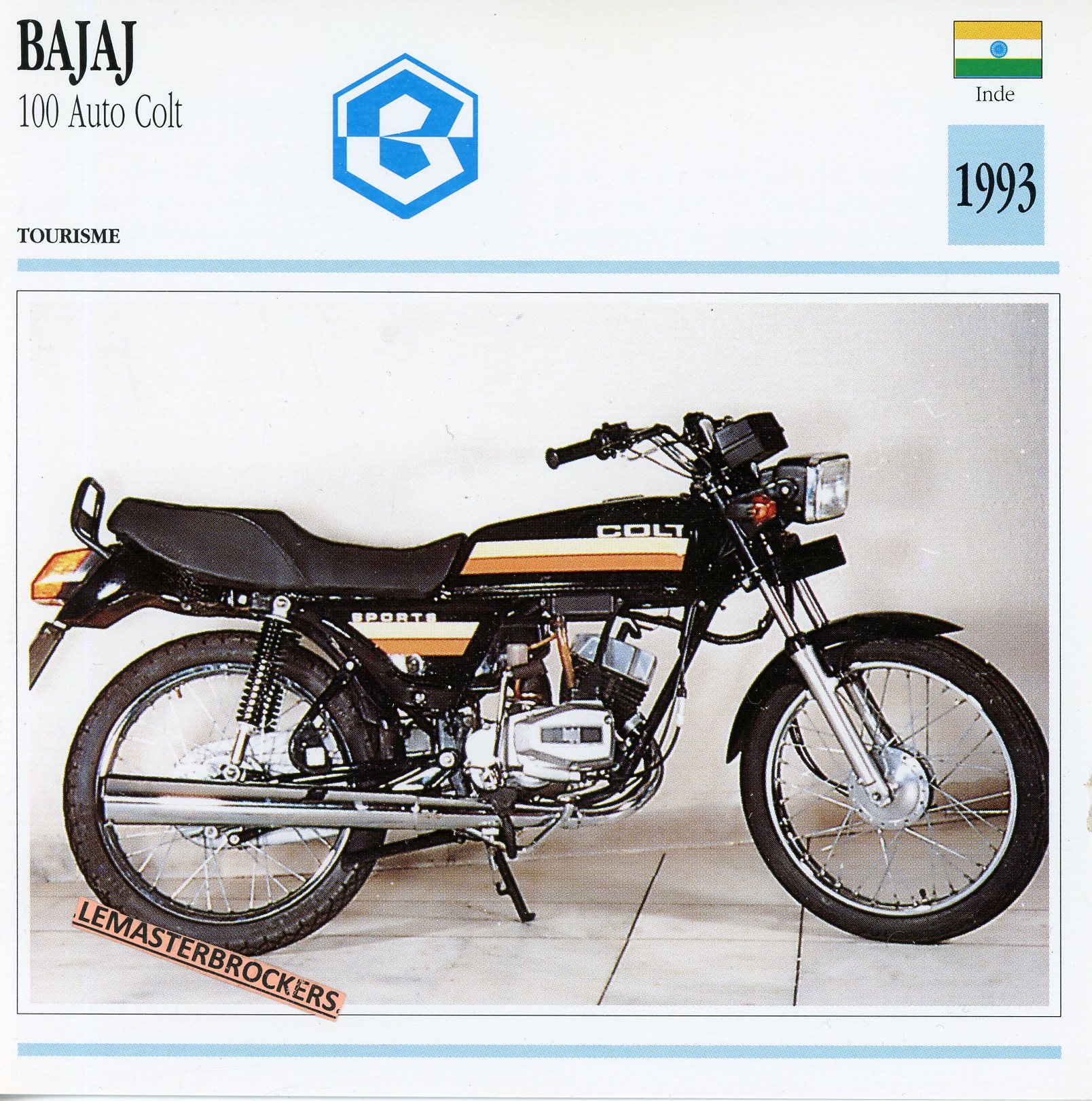 BAJAJ 100 AUTO COLT 1993 - FICHE MOTO ATLAS COLLECTION