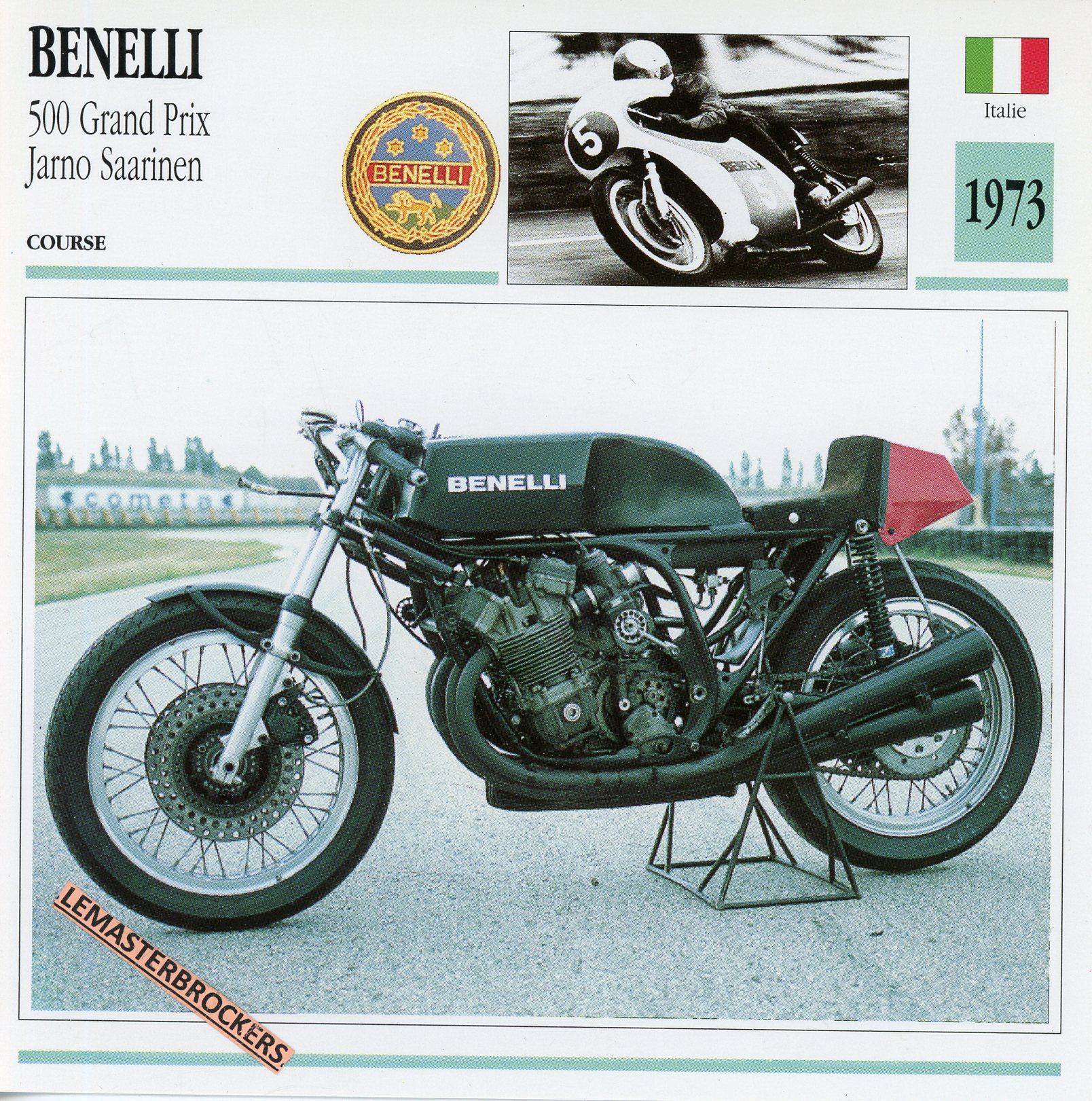 BENELLI-500-GRAND-PRIX-JARNO-SAARINEN-1973-LEMASTERBROCKERS-FICHE-MOTO-ATLAS-CARD