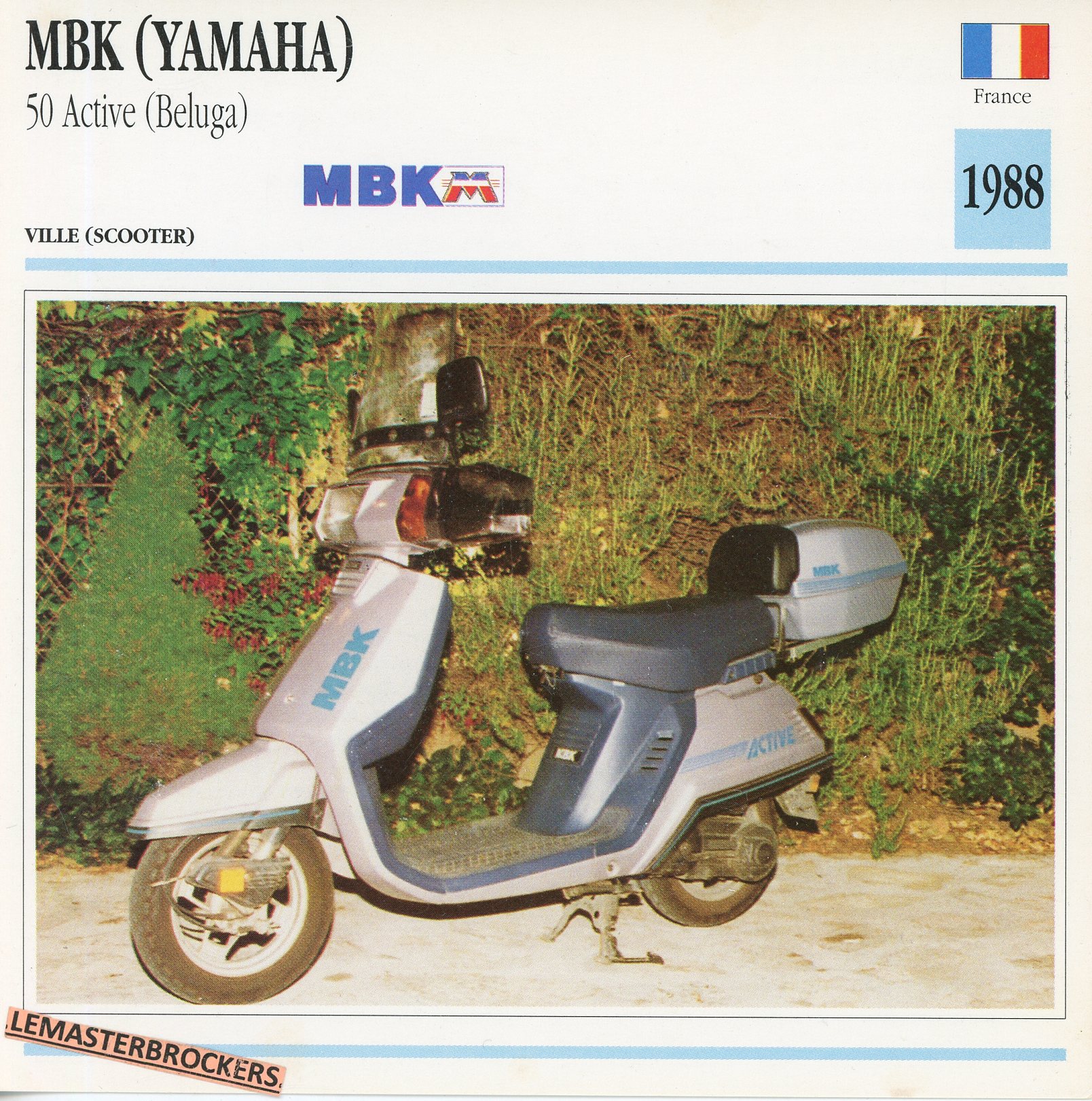 MBK-50-ACTIVE-BELUGA-1988-LEMASTERBROCKERS-FICHE-SCOOTER-ATLAS-CARD