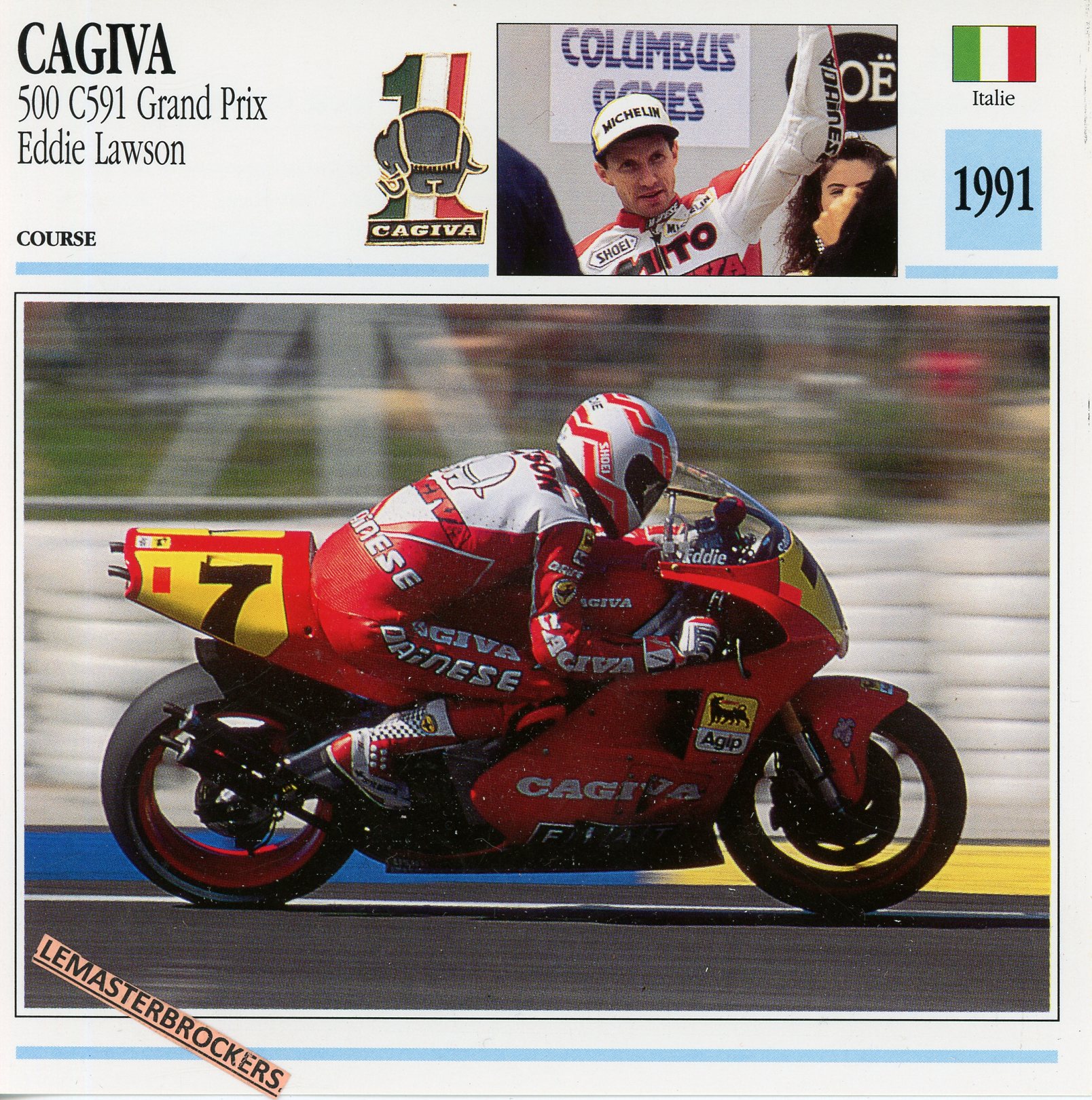 CAGIVA-500-C951-EDDIE-LAWSON-1991-LEMASTERBROCKERS-FICHE-MOTO-ATLAS-CARD