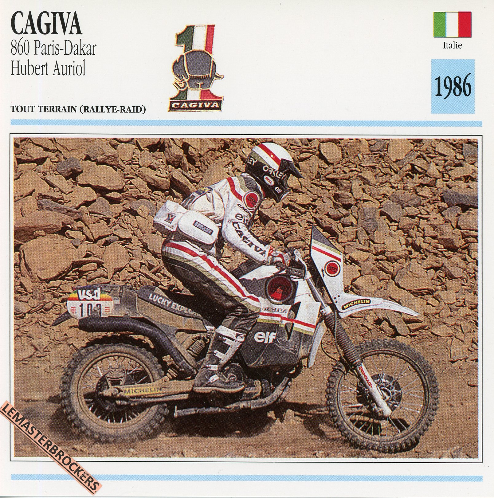 CAGIVA-860-PARIS-DAKAR-1986-HUBERT-AURIOL-LEMASTERBROCKERS-FICHE-MOTO-ATLAS-CARD