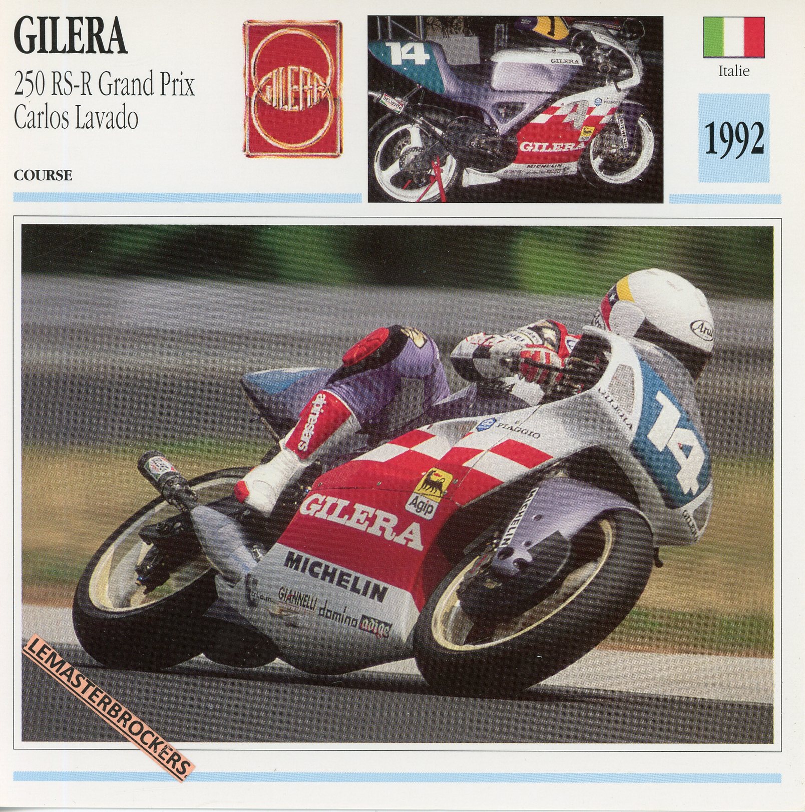 GILERA-250-RSR-CARLOS-LAVADO-1992-FICHE-MOTO-MOTORCYCLE-CARDS-ATLAS-LEMASTERBROCKERS
