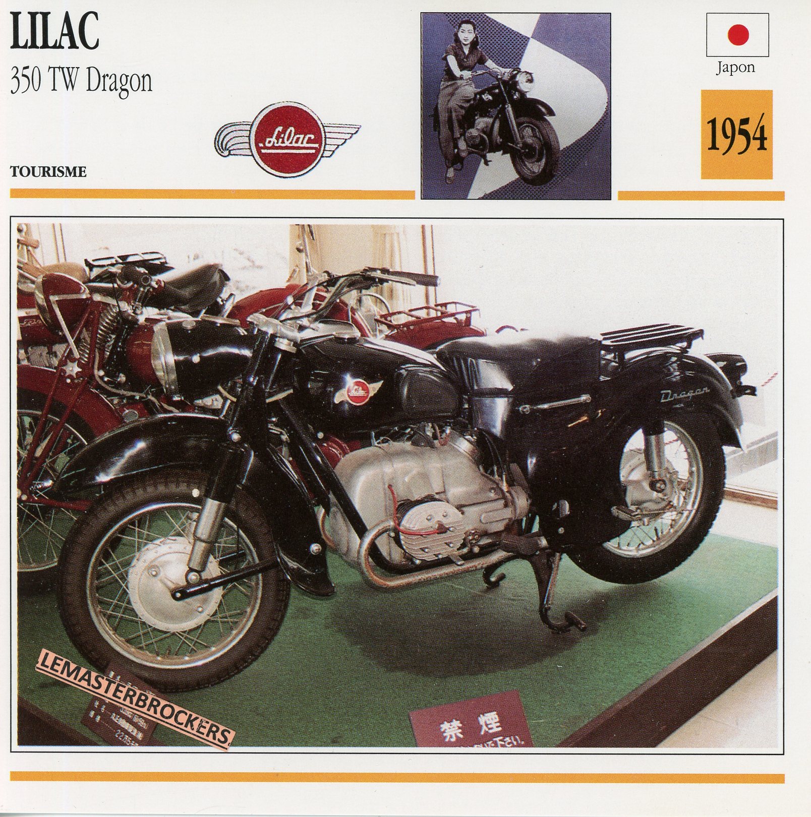 LILAC-350-TW-DRAGON-1954-FICHE-MOTO-MOTORCYCLE-CARDS-ATLAS-LEMASTERBROCKERS
