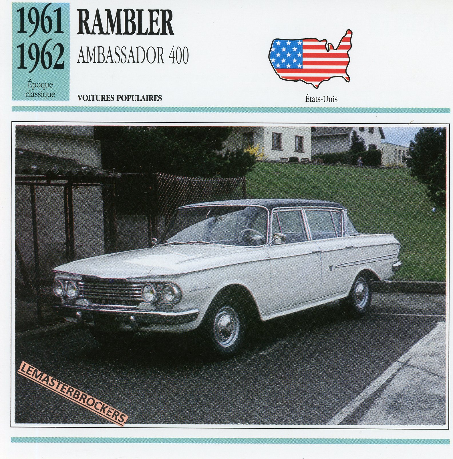 RAMBLER AMBASSADOR 400 1961 1962 - FICHE AUTO - CARD CARS ATLAS FRENCH