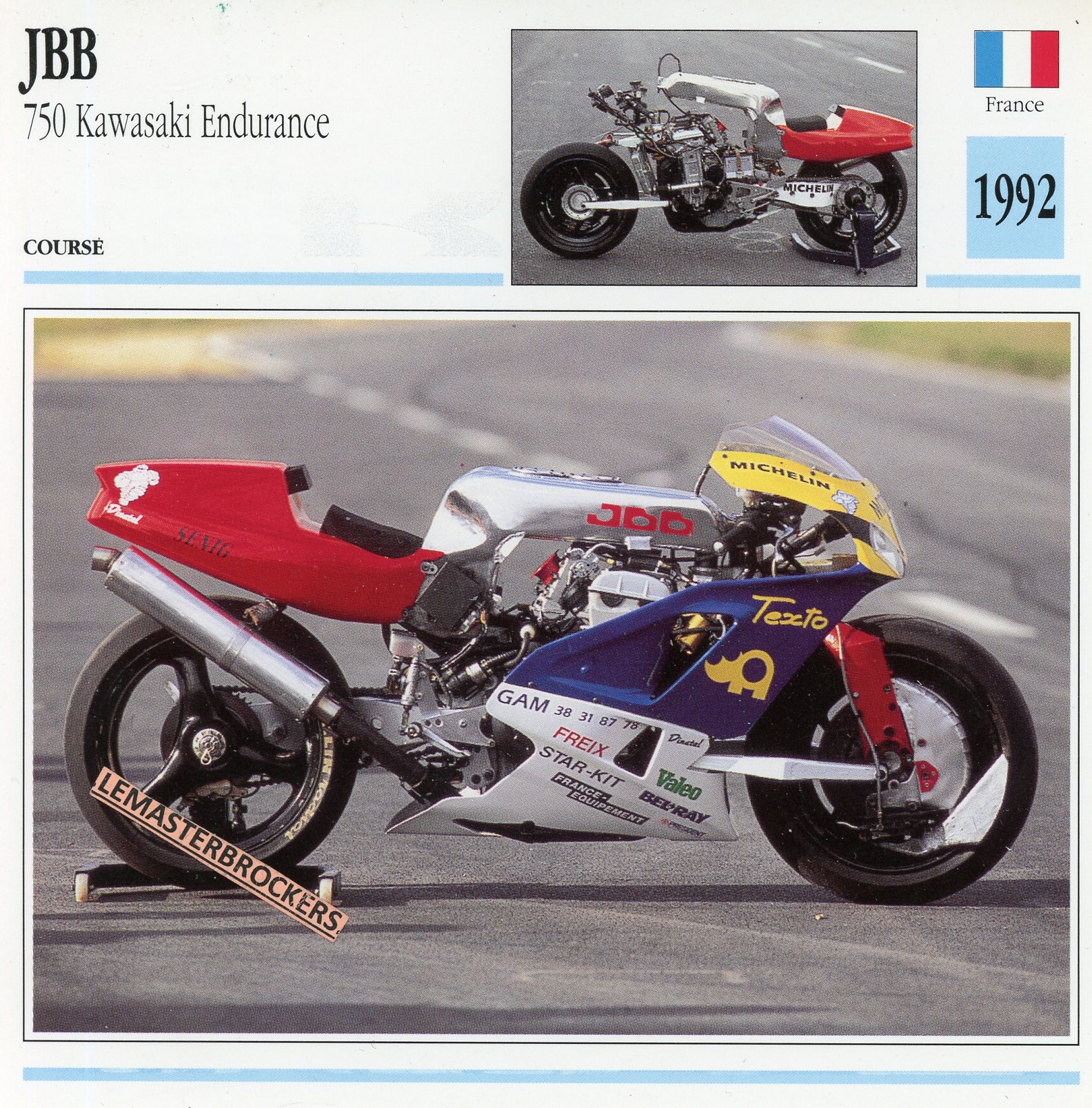 JCB-750-KAWASAKI-ENDURANCE-1992-FICHE-MOTO-CARDS-ATLAS-LEMASTERBROCKERS