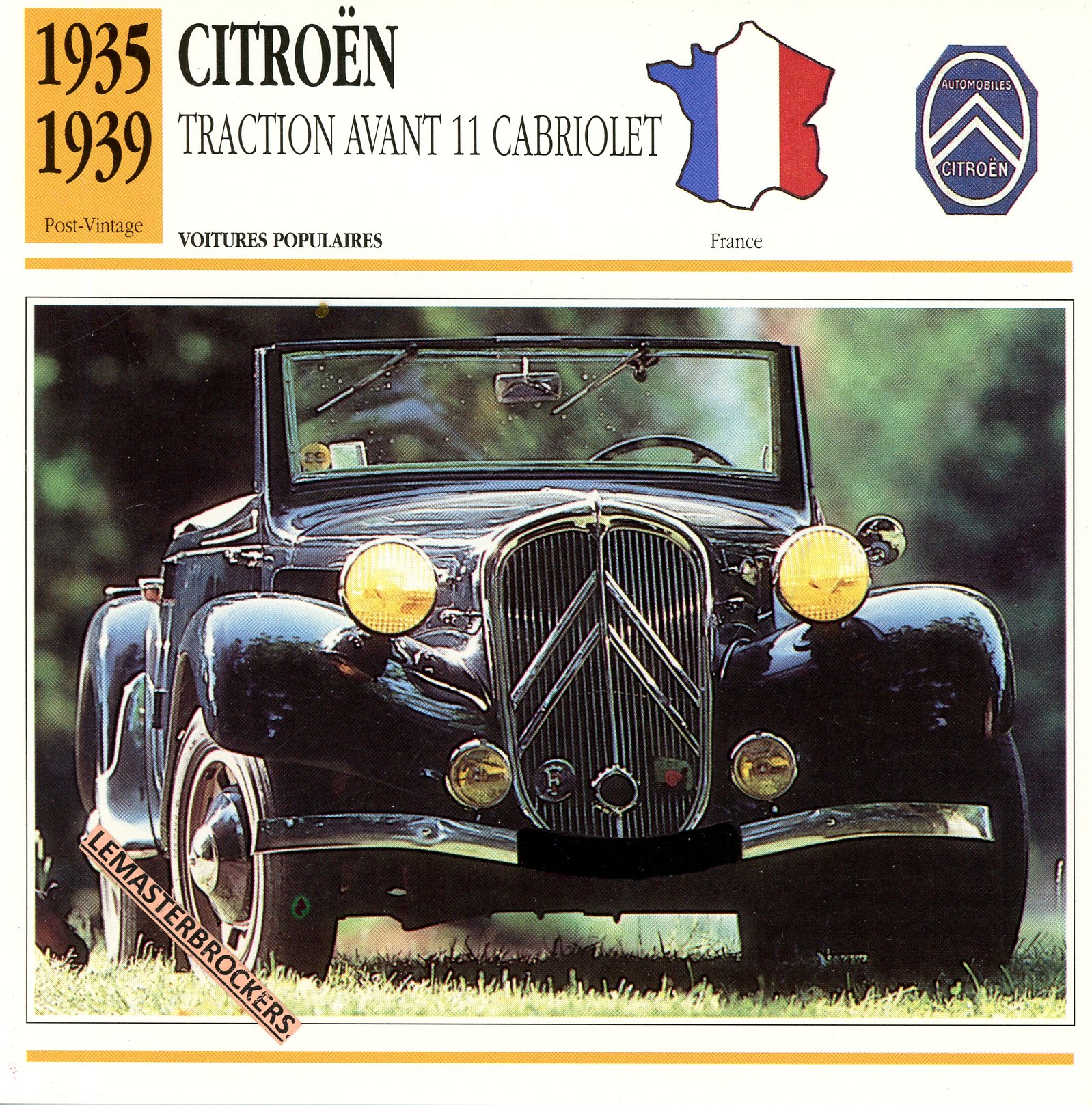 CITROËN TRACTION AVANT 11 CABRIOLET 1935 1939 - FICHE AUTO - CARS CARD ATLAS