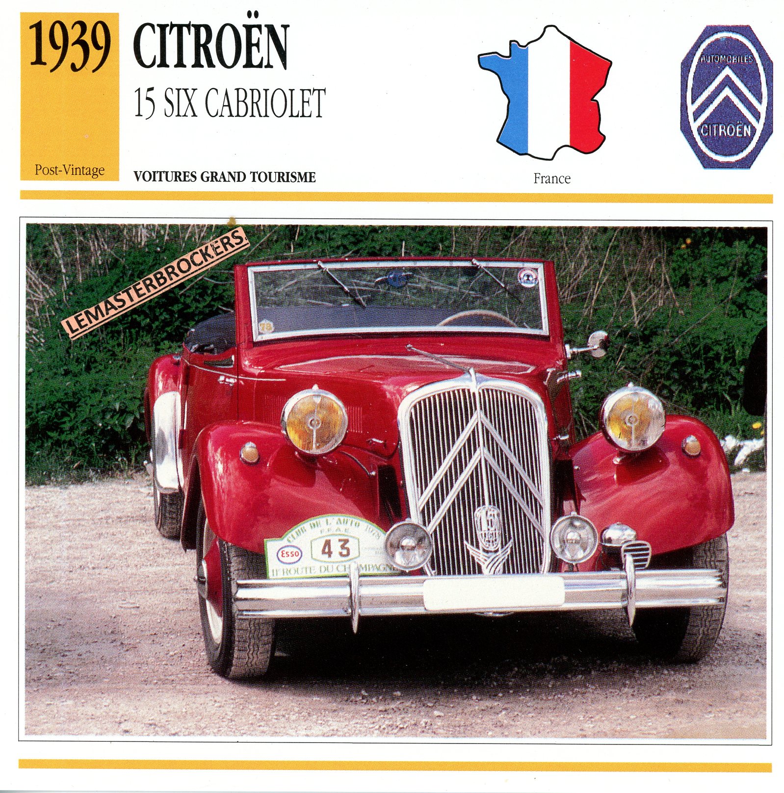 CITROËN TRACTION 15 SIX CABRIOLET 1939 - FICHE AUTO - CARS CARD ATLAS