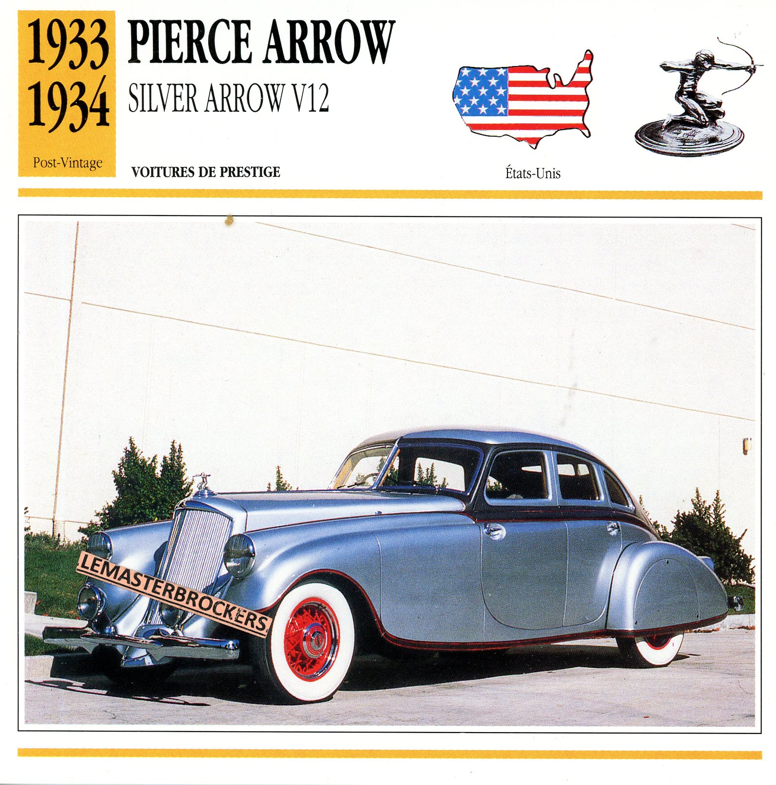 PIERCE-ARROW-SILVER-V12-LEMASTERBROCKERS-CARS-CARD-FICHE-AUTO