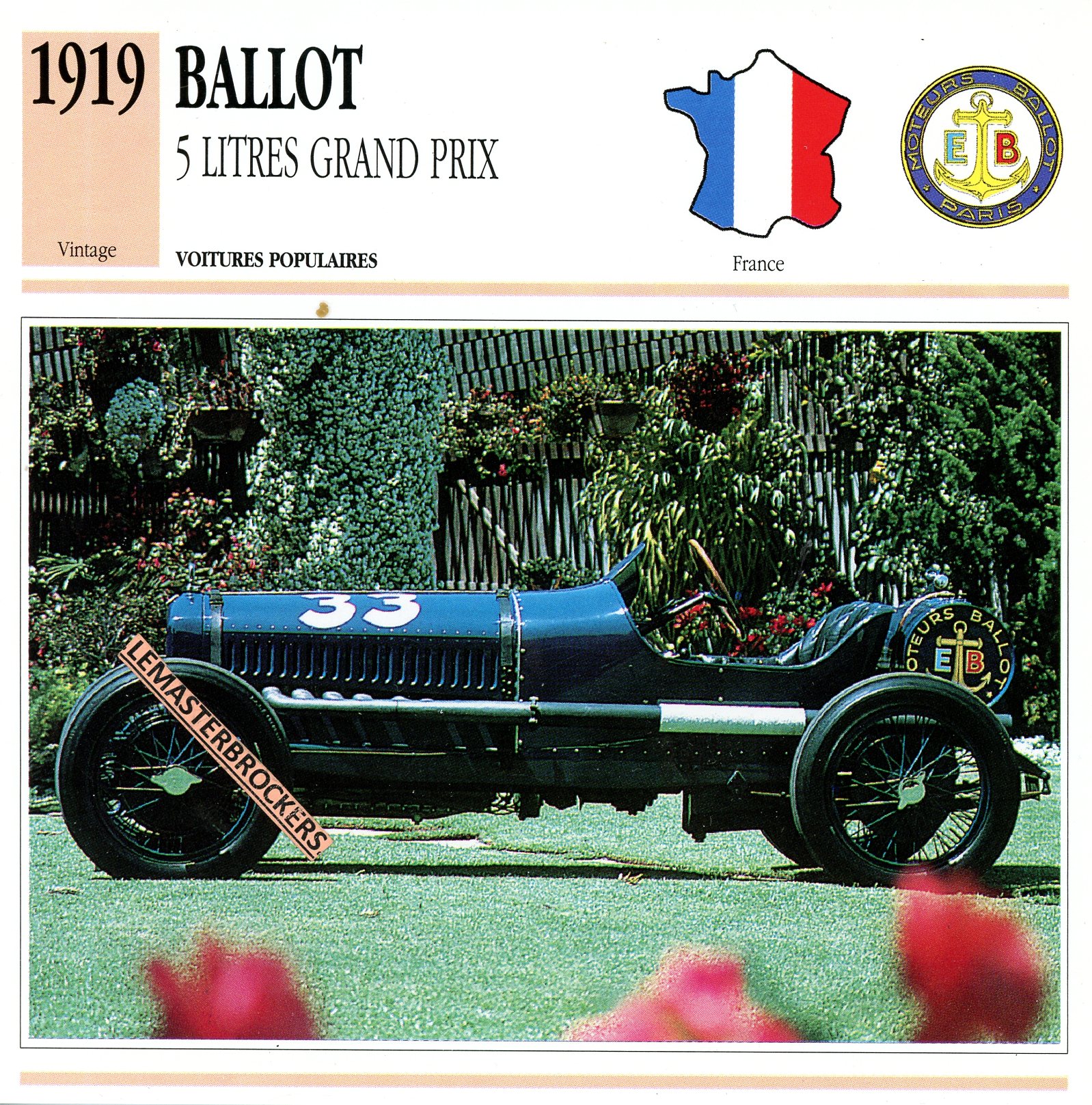 1919 BALLOT 5 LITRES GRAND PRIX - FICHE AUTO - CARS CARD ATLAS ÉDITION