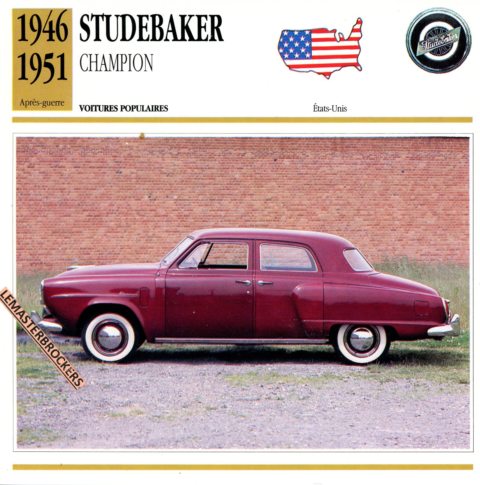 STUDEBAKER-CHAMPION-1946-LEMASTERBROCKERS-CARS-CARD-FICHE-AUTO