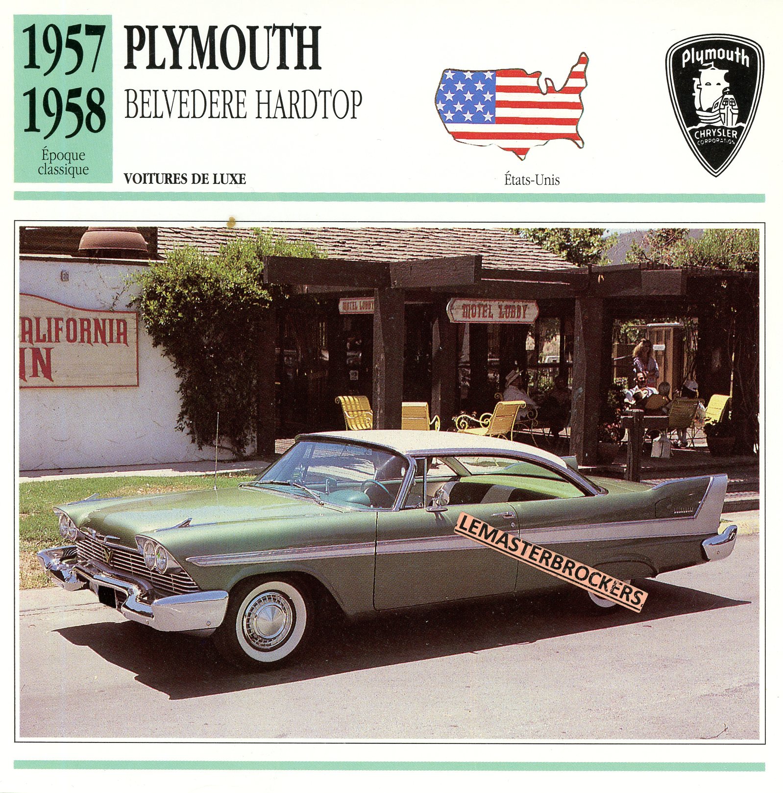 PLYMOUTH-BELVEDERE-HARDTOP-1958-FICHE-AUTO-LEMASTERBROCKERS-ATLAS-ÉDITION