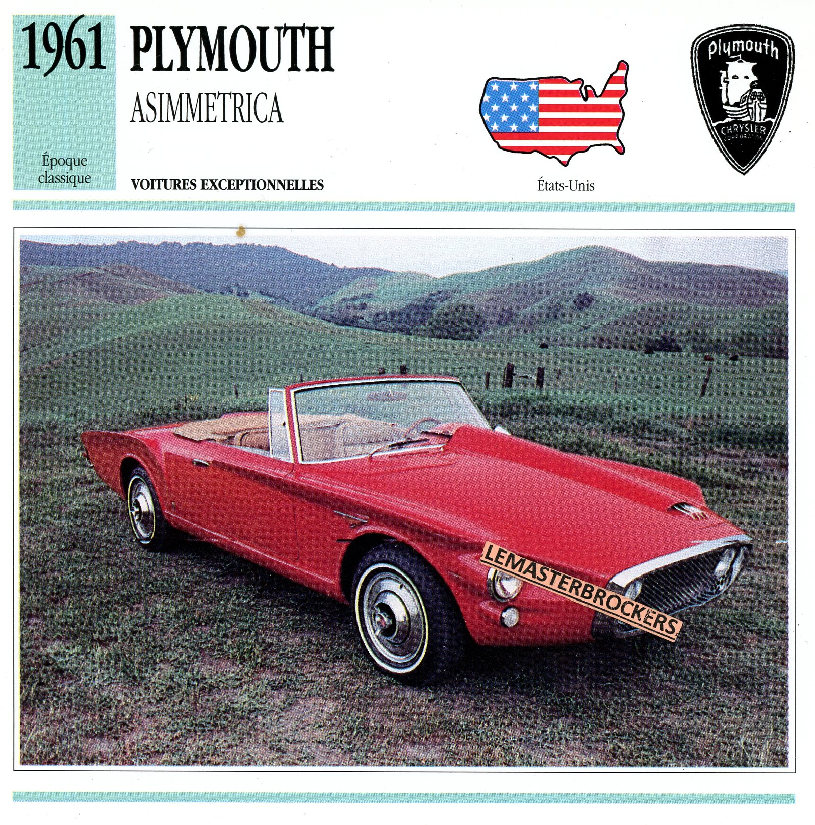 PLYMOUTH-ASIMMETRICA-1961-FICHE-AUTO-LEMASTERBROCKERS-ATLAS-ÉDITION