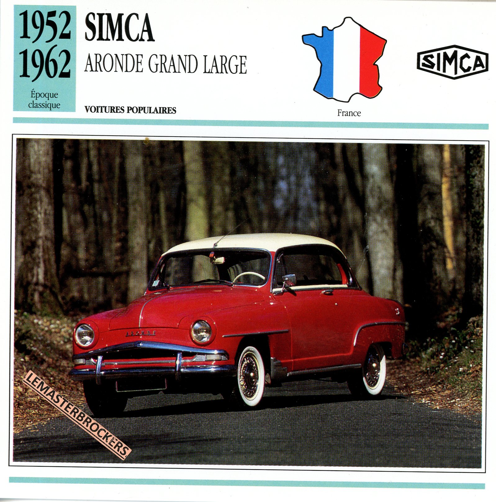 SIMCA ARONDE GRAND LARGE 1952 1962 - FICHE AUTO - CARS CARD ATLAS ÉDITION