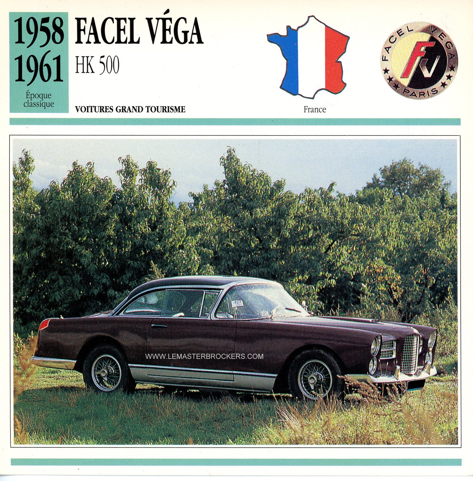 FICHE AUTO FACEL-VÉGA HK500 1958-1961 VOITURE GRAND TOURISME