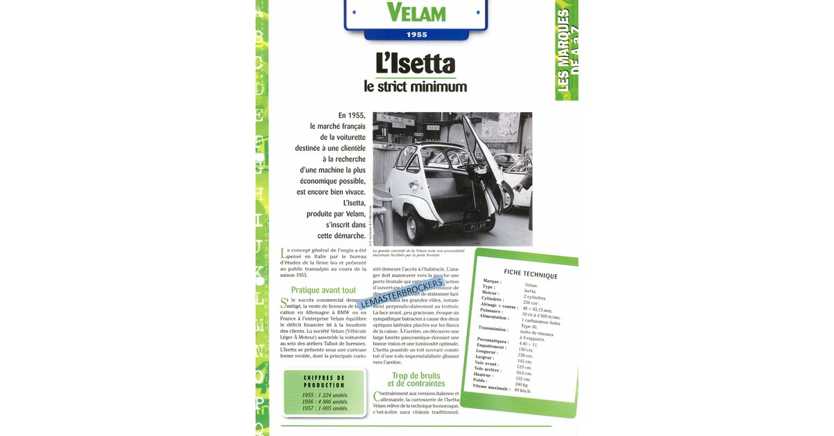 Velam VELAM ISETTA 1955 - FICHE AUTO COLLECTION HACHETTE MICROCAR