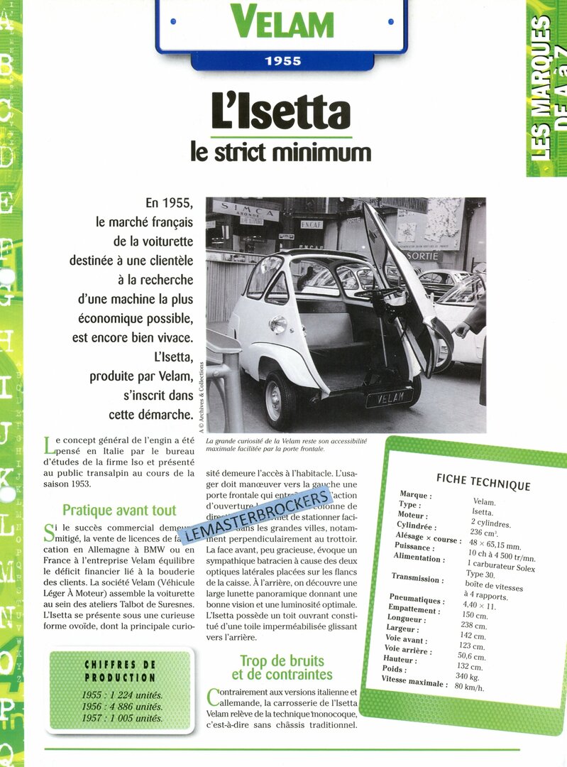 Velam VELAM ISETTA 1955 - FICHE AUTO COLLECTION HACHETTE MICROCAR