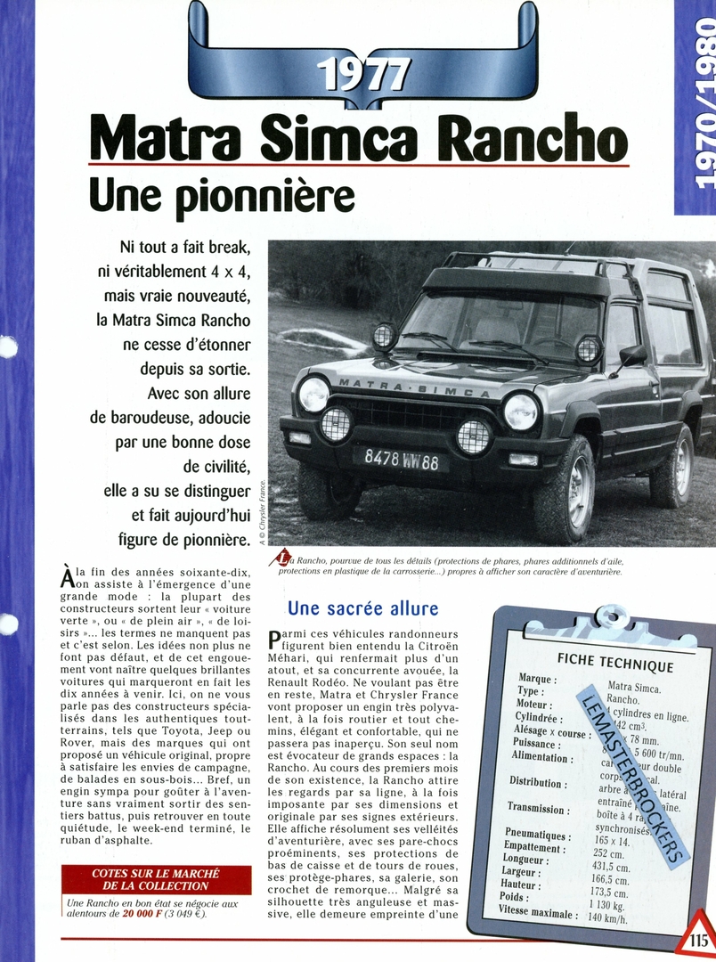 MATRA SIMCA RANCHO 1977 - FICHE AUTO COLLECTION HACHETTE - FICHE ...