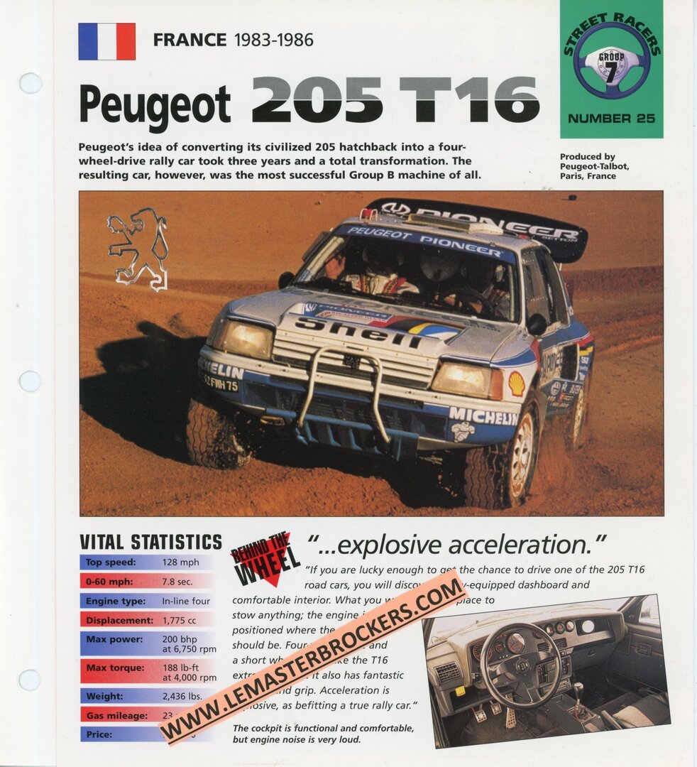 205 T16 Fiche Technique
