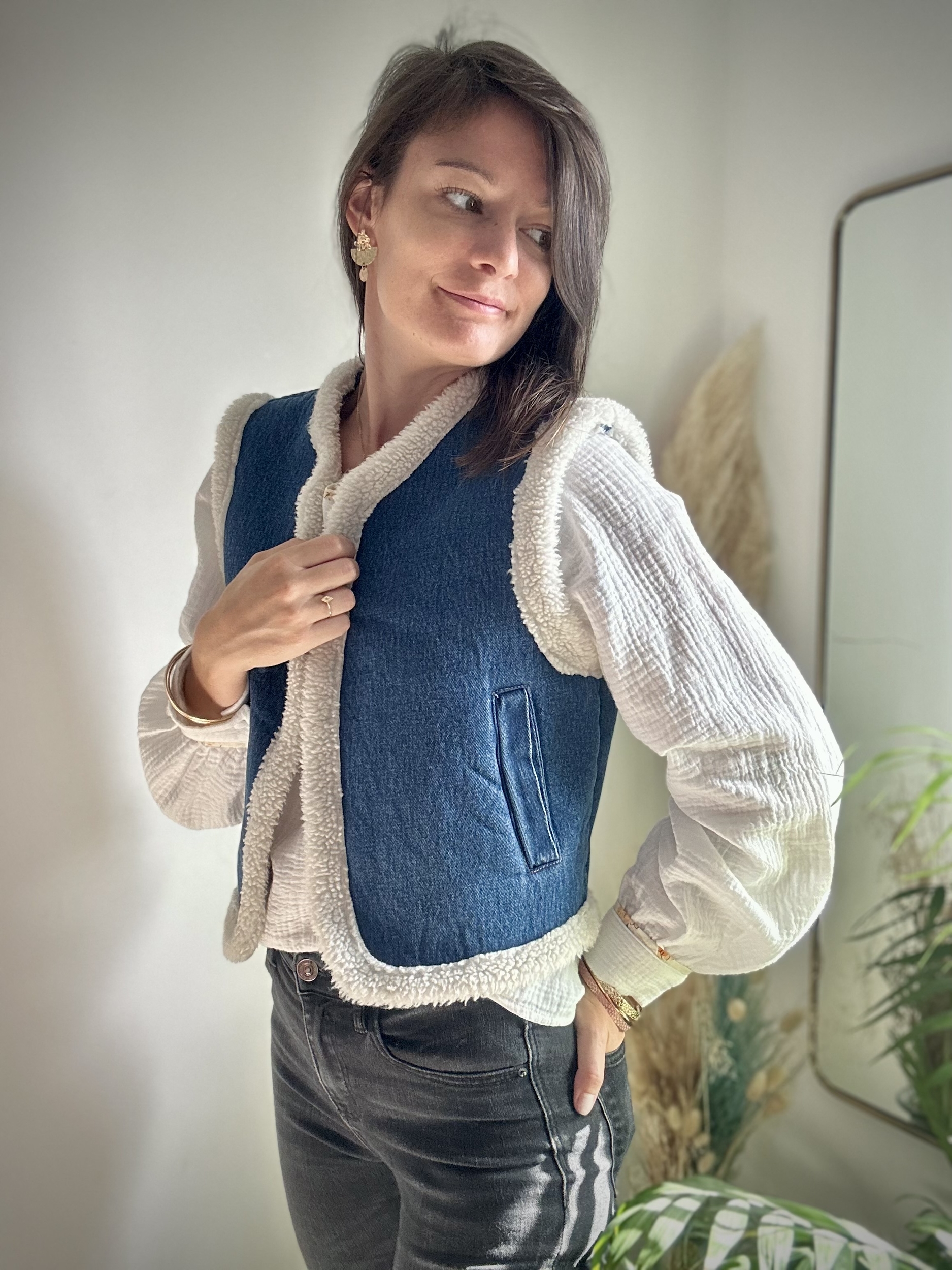 Veste jean sans manche mouton