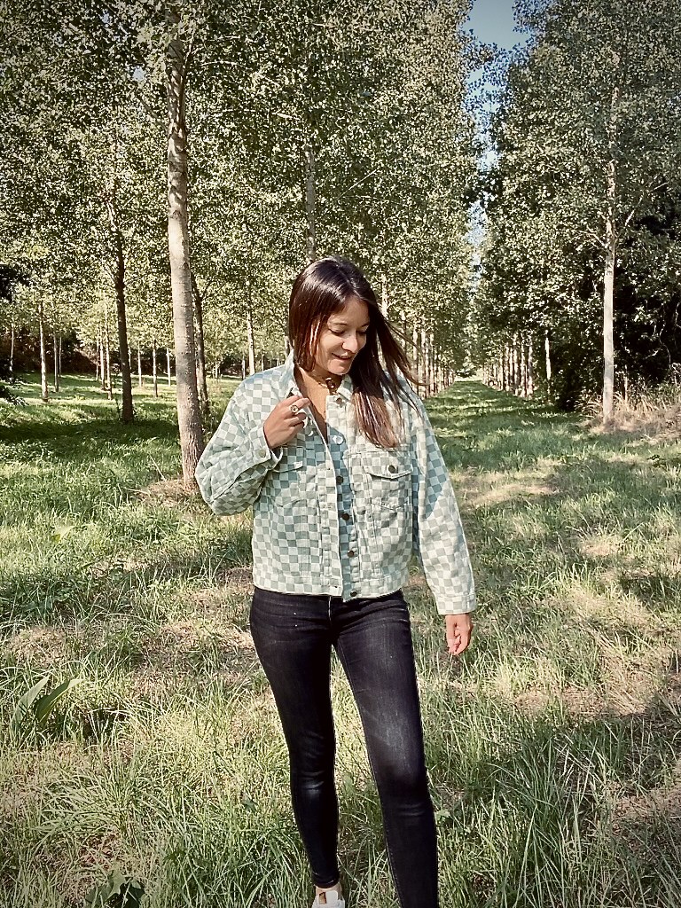 Lénie - Veste jean carreau verte