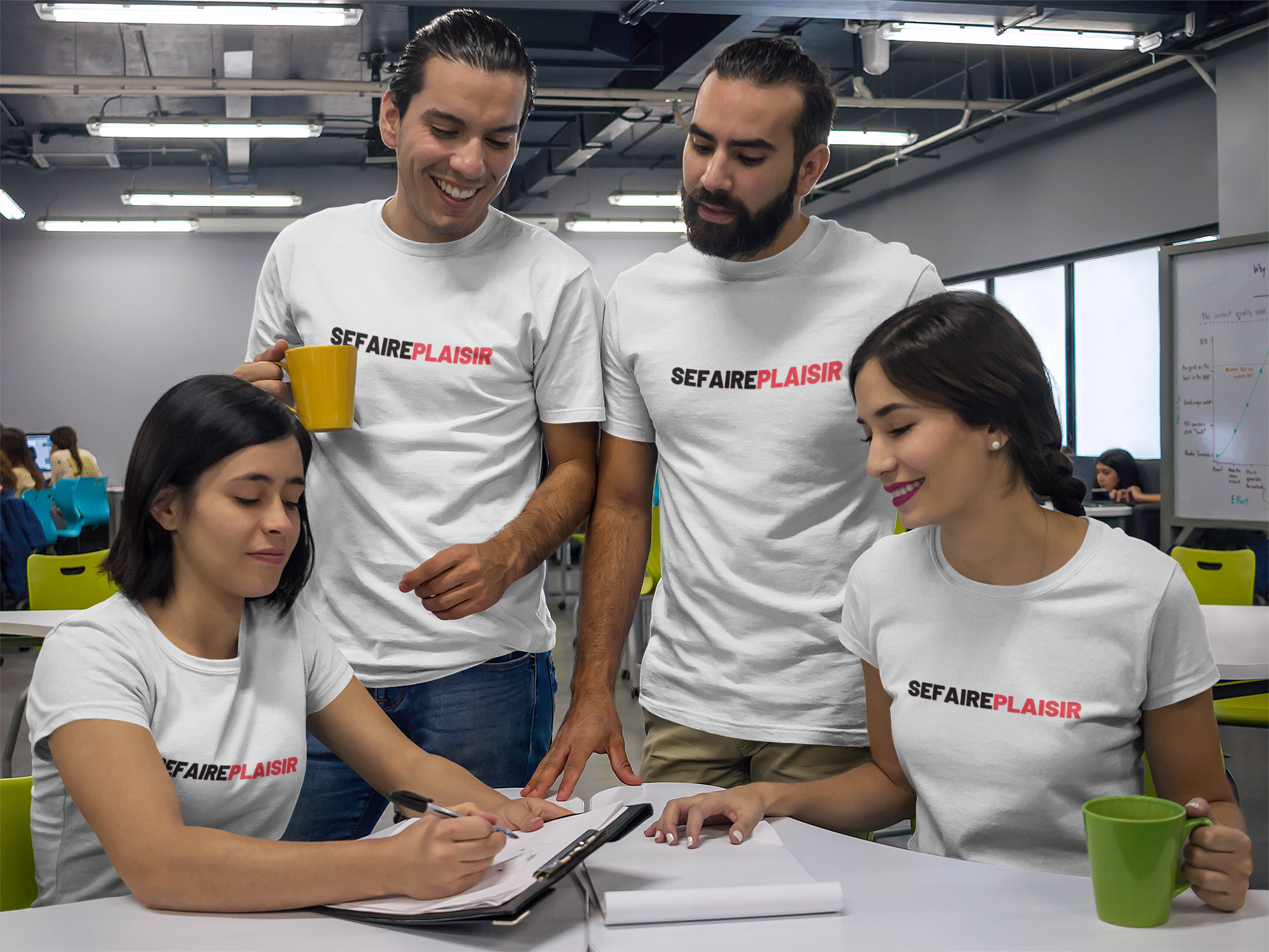 group of four coworkers talking while wearing different tshirts mockup a15650