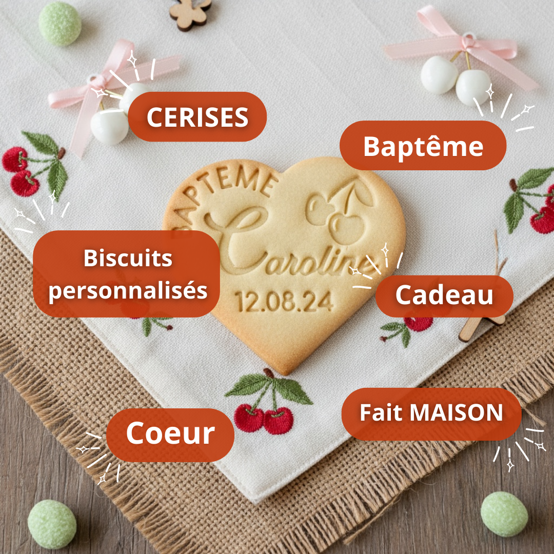 Emporte-pièce cœur motif cerise Baptême personnalisé prénom date