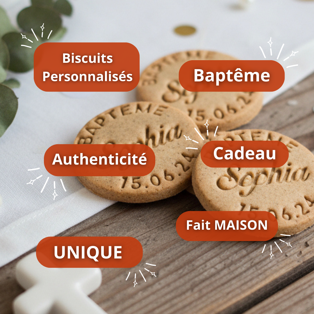 Emporte-pièce rond baptême personnalisé prénom date 7,7 cm