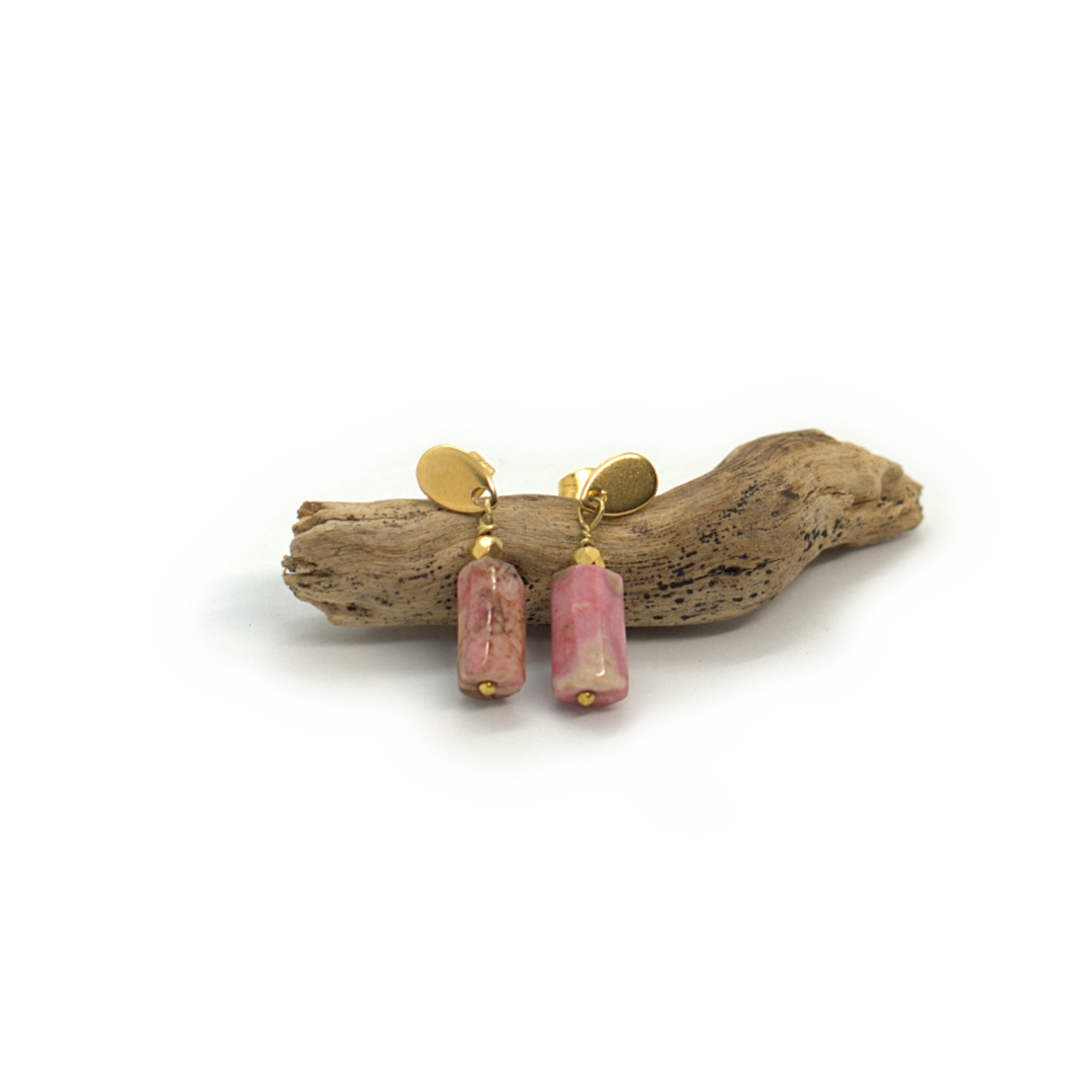 Boucles d'oreilles pendantes Edna en rhodonite rose et acier inoxydable doré